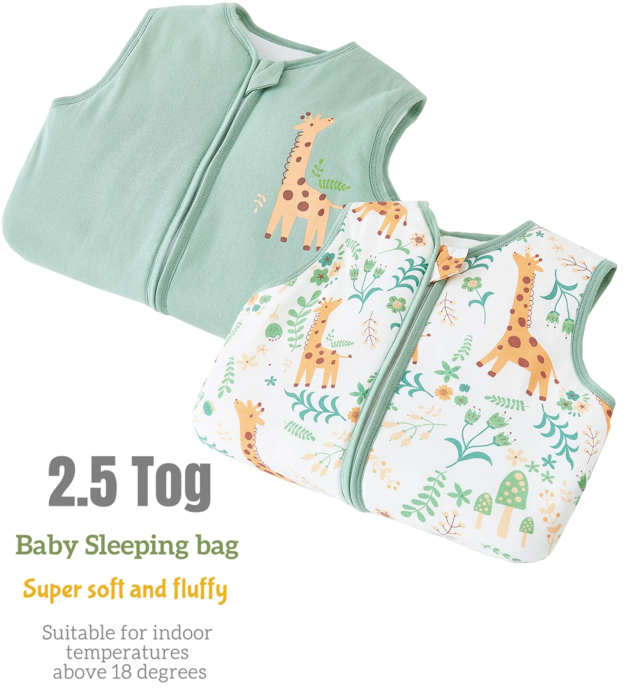 Chilsuessy, confezione da 2 sacchi nanna invernali unisex per tutto l'anno, con gambe, 2,5 Tog, con piedi, modello A verde + giraffa, 80 cm/altezza del bambino 85-95 cm - immagine 2