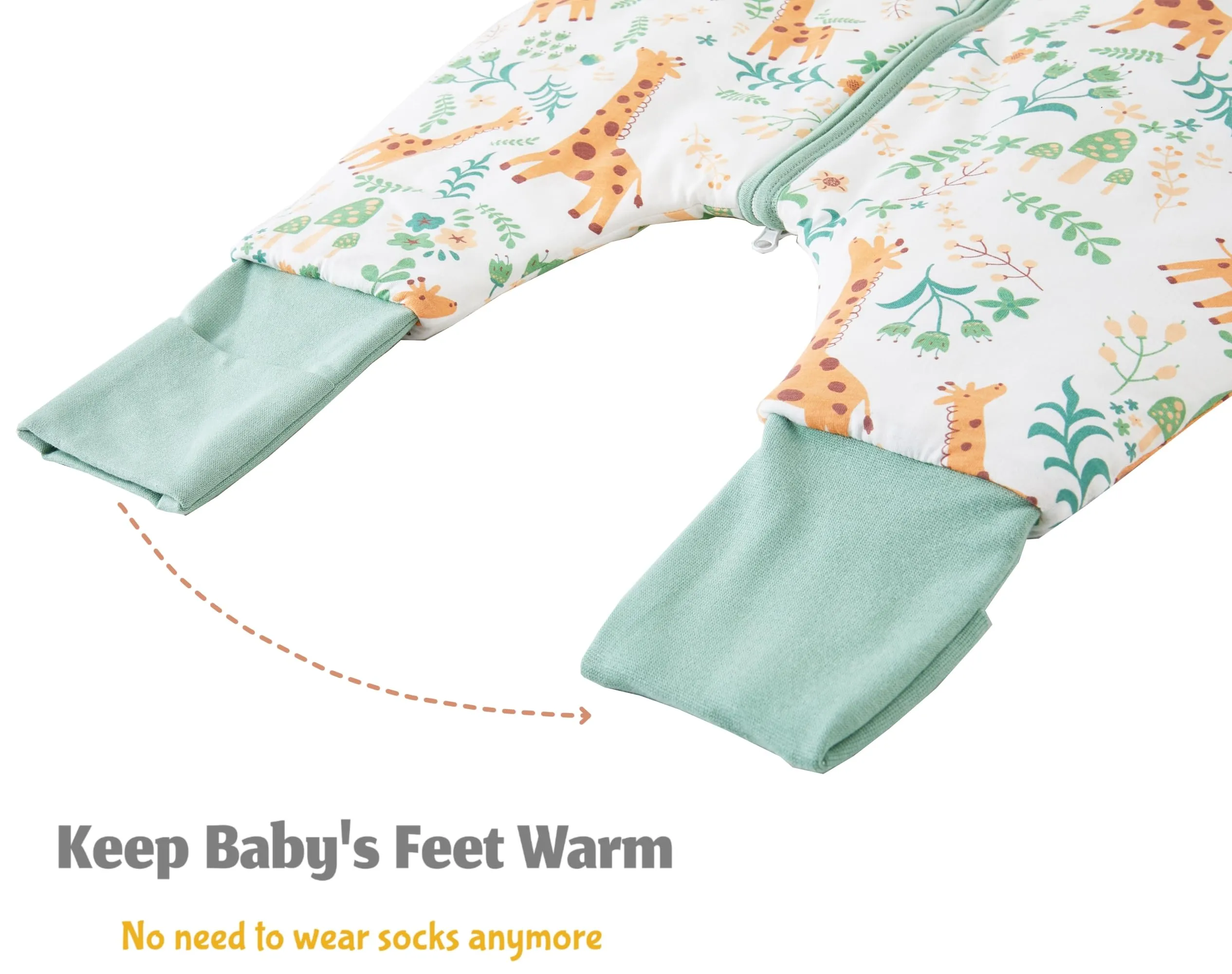 Chilsuessy, confezione da 2 sacchi nanna invernali unisex per tutto l'anno, con gambe, 2,5 Tog, con piedi, modello A verde + giraffa, 80 cm/altezza del bambino 85-95 cm - immagine 3
