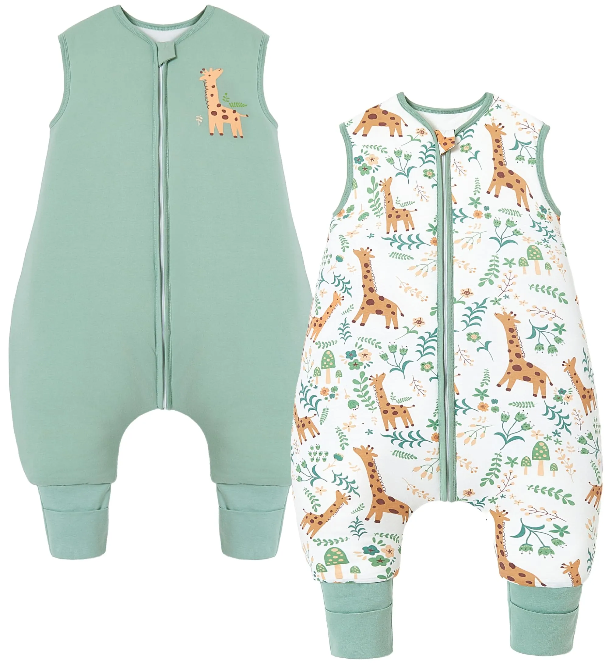 Chilsuessy, confezione da 2 sacchi nanna invernali unisex per tutto l'anno, con gambe, 2,5 Tog, con piedi per bambini, colore verde A + giraffa, 70 cm, altezza del bambino 75-85 cm - immagine 1