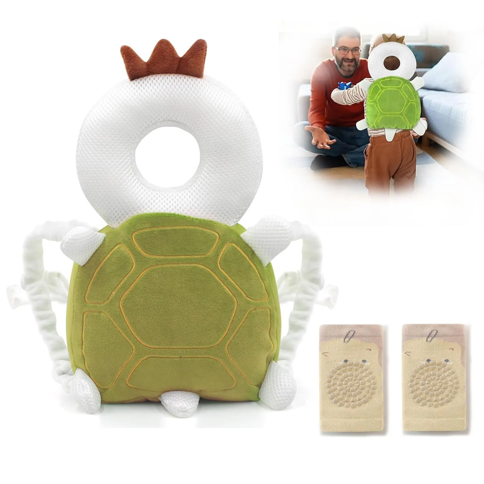 Furforstk protezione testa bambino con ginocchiere caschetto primi passi Traspirante casco neonato primi passi per gattonare e camminare, Regolabile (Tartaruga) Il bambino non resiste - immagine 1