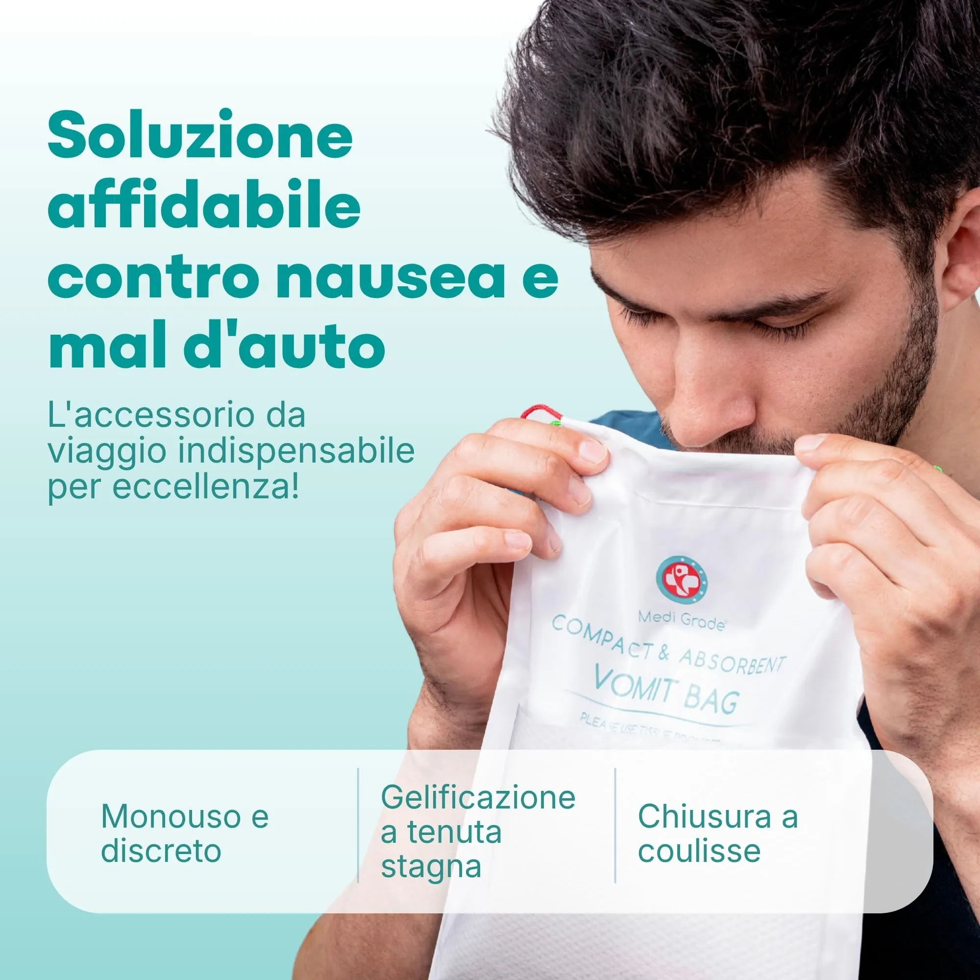 Sacchetti Vomito con tamponi super assorbenti + salviettine detergenti [10] – Buste per Vomito Zero Odori - Sigillabili, Trasformano il Vomito in Gel, Capienza fino a 750ml – Sacchetti Viaggio - immagine 2