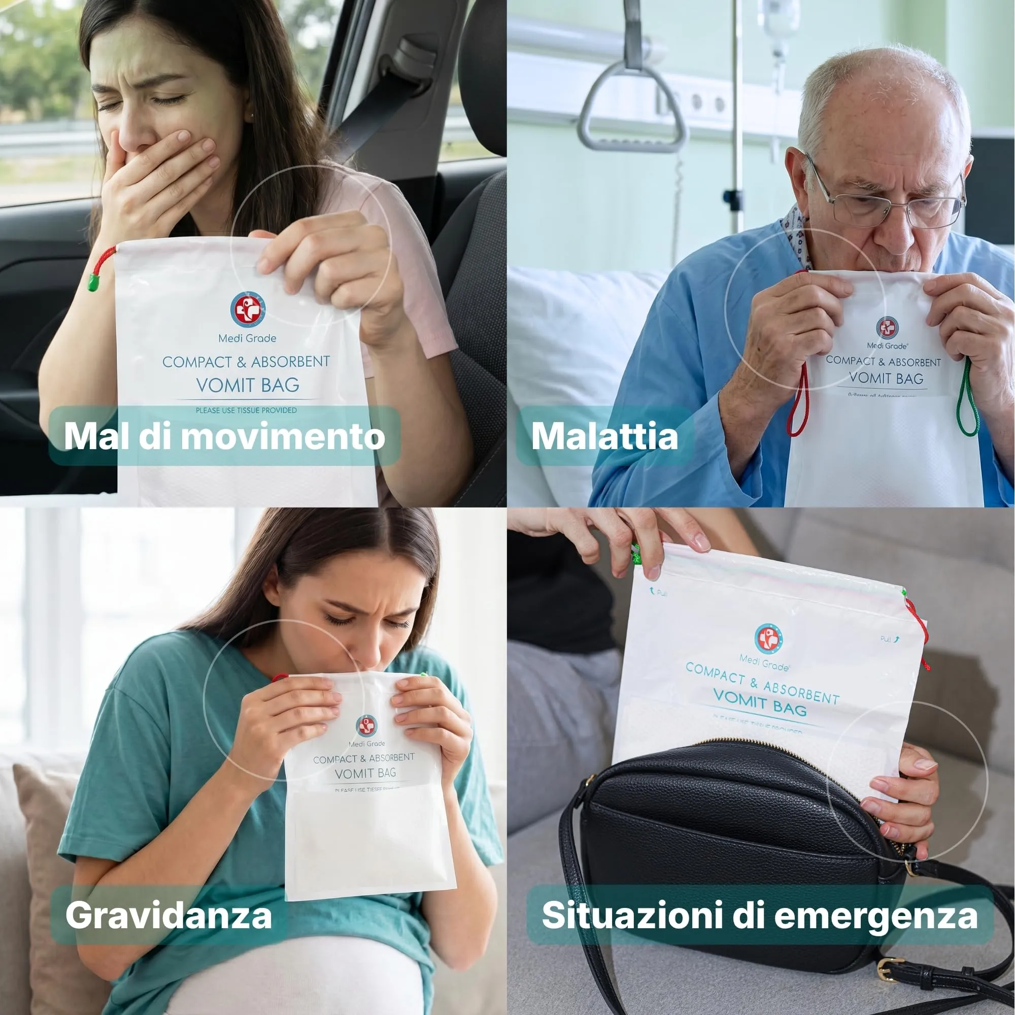 Sacchetti Vomito con tamponi super assorbenti + salviettine detergenti [10] – Buste per Vomito Zero Odori - Sigillabili, Trasformano il Vomito in Gel, Capienza fino a 750ml – Sacchetti Viaggio - immagine 4