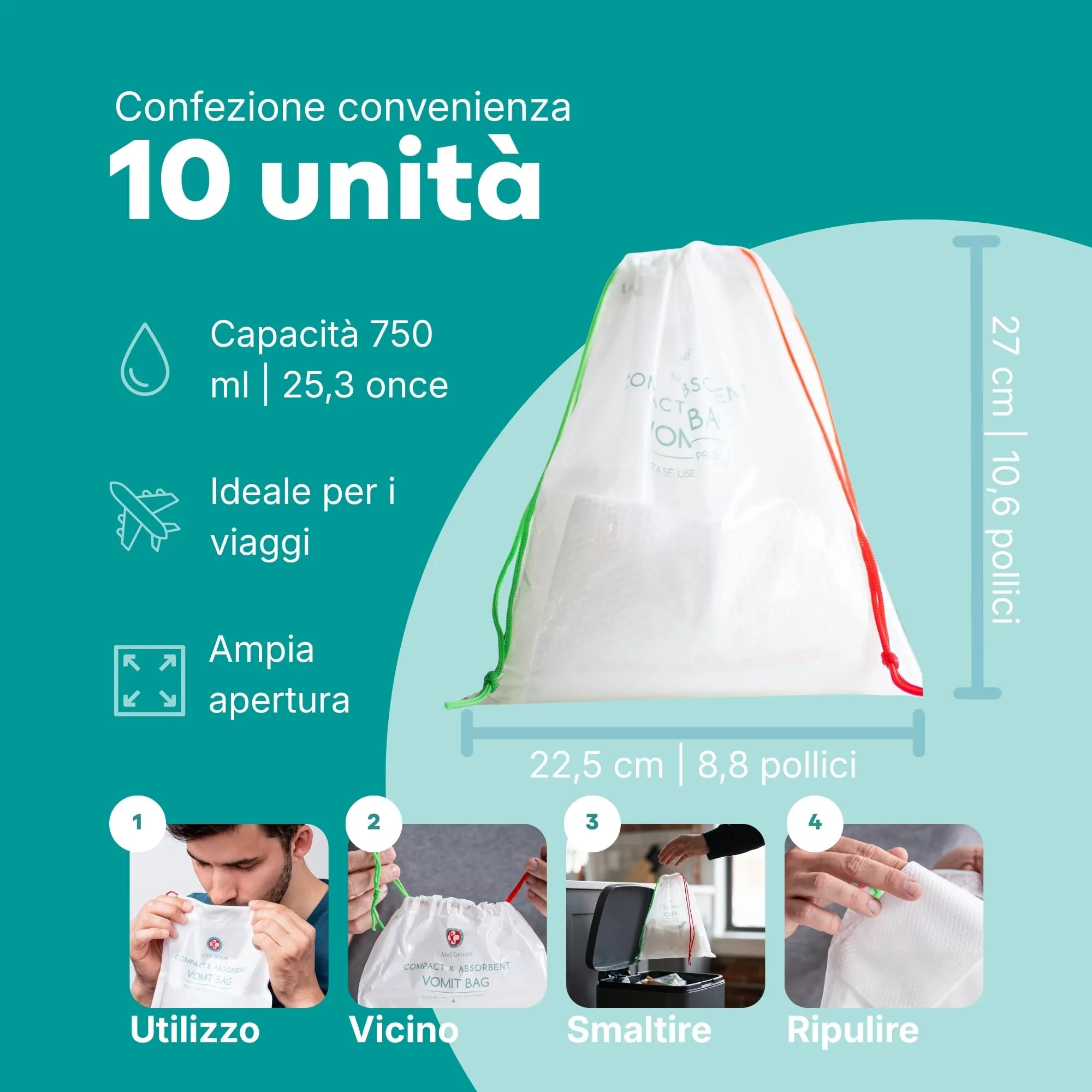 Sacchetti Vomito con tamponi super assorbenti + salviettine detergenti [10] – Buste per Vomito Zero Odori - Sigillabili, Trasformano il Vomito in Gel, Capienza fino a 750ml – Sacchetti Viaggio - immagine 5