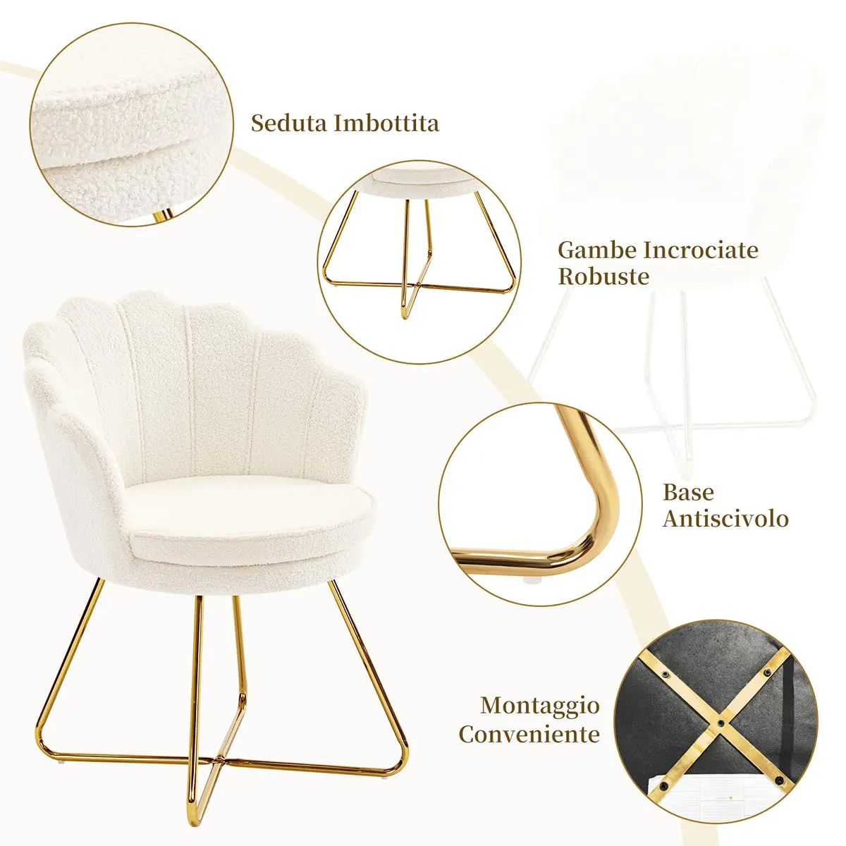 Hellove Sedia Trucco, Poltrona Conchiglia in Teddy con Placcato Oro Metallo Gambe, Moderno Poltrona Salotto con Seduta Morbida Imbottita per Camera da letto/Soggiorno/Vanità, Blanco - immagine 4