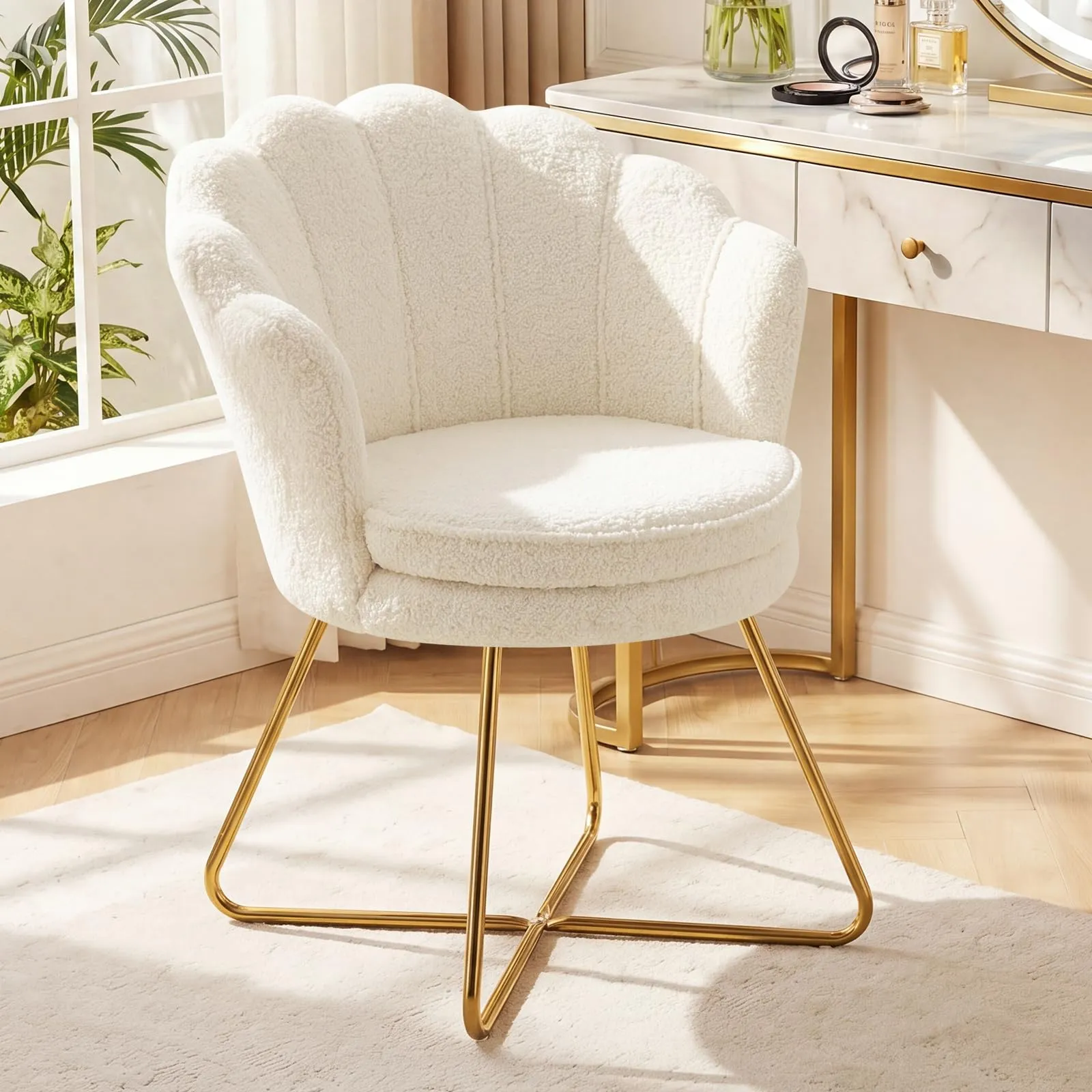 Hellove Sedia Trucco, Poltrona Conchiglia in Teddy con Placcato Oro Metallo Gambe, Moderno Poltrona Salotto con Seduta Morbida Imbottita per Camera da letto/Soggiorno/Vanità, Blanco - immagine 6