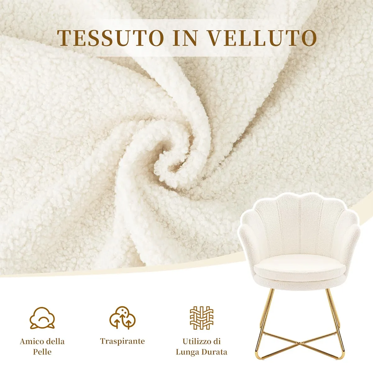 Hellove Sedia Trucco, Poltrona Conchiglia in Teddy con Placcato Oro Metallo Gambe, Moderno Poltrona Salotto con Seduta Morbida Imbottita per Camera da letto/Soggiorno/Vanità, Blanco - immagine 7