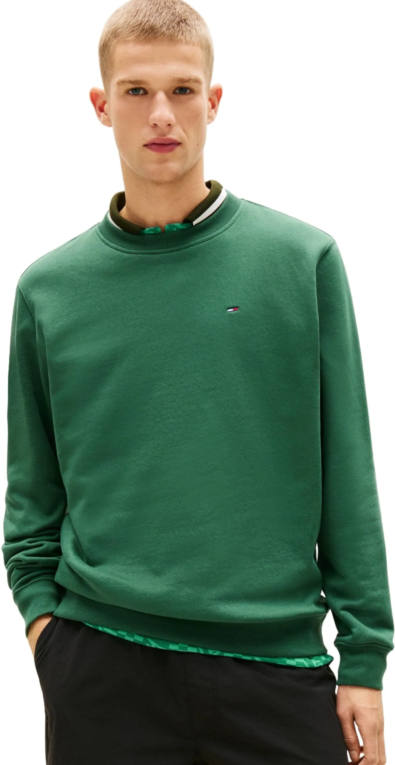 Tommy Jeans Uomo Felpa Regular Fit Flag Fleece Scollo Rotondo, Multicolore (Shadow Pine), XS - immagine 1
