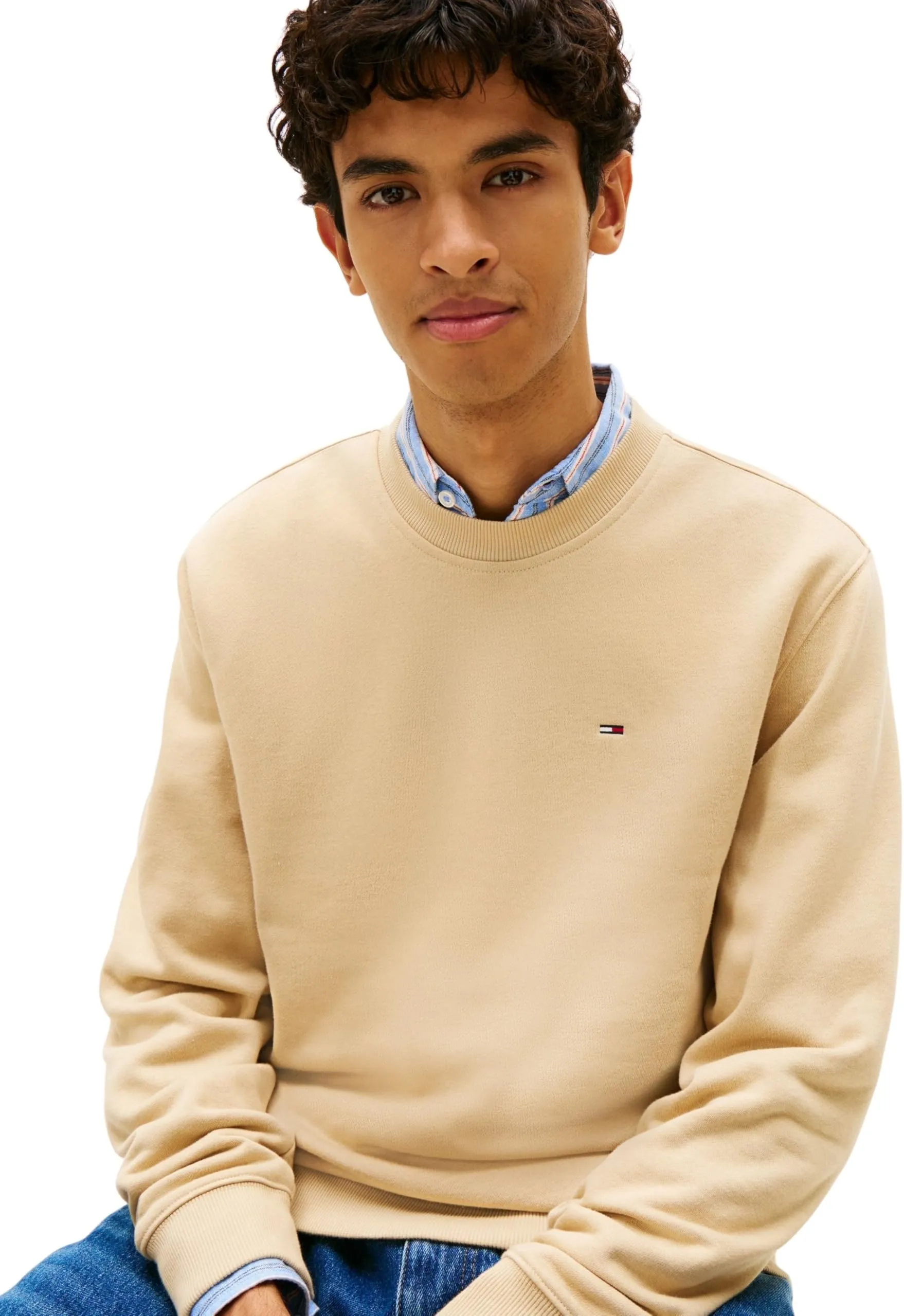 Tommy Jeans Uomo Felpa Regular Fit Flag Fleece Scollo Rotondo, Beige (Gentle Gold), L - immagine 3