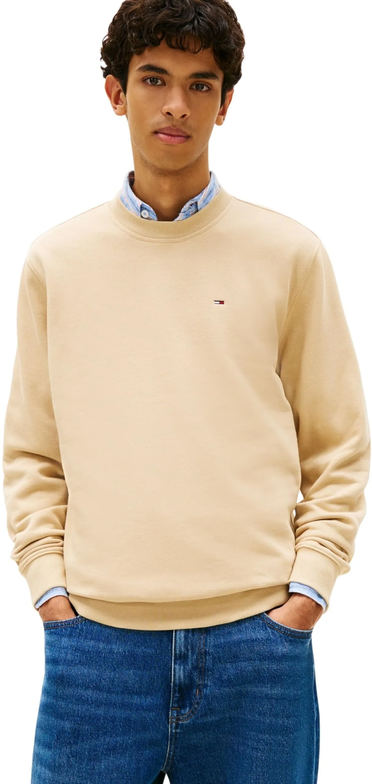Tommy Jeans Uomo Felpa Regular Fit Flag Fleece Scollo Rotondo, Beige (Gentle Gold), XS - immagine 1