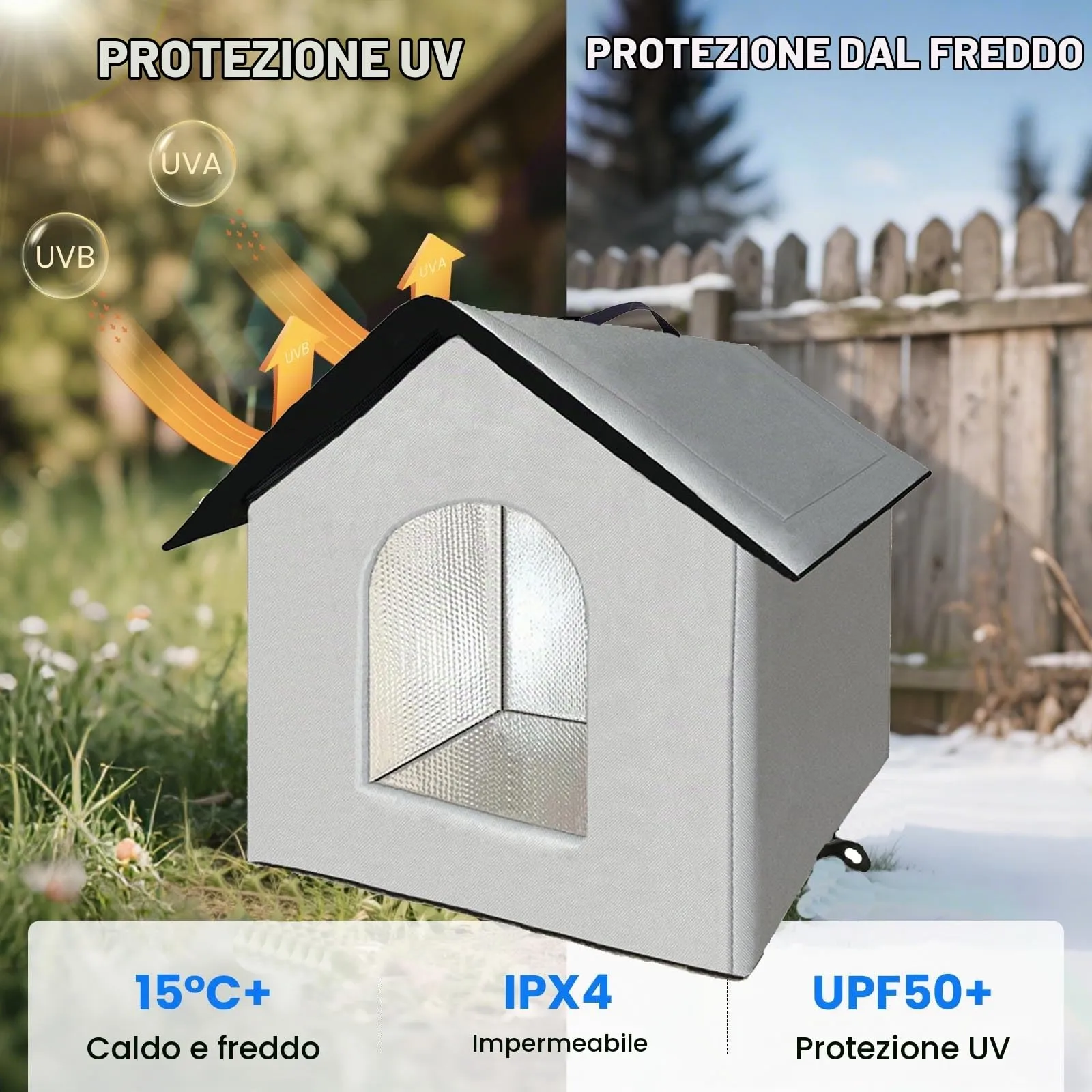 Casetta per gatti e cuccioli di cani per esterni, impermeabile, resistente all’inverno, con tenda trasparente rimovibile (M, grigio 1) - immagine 3