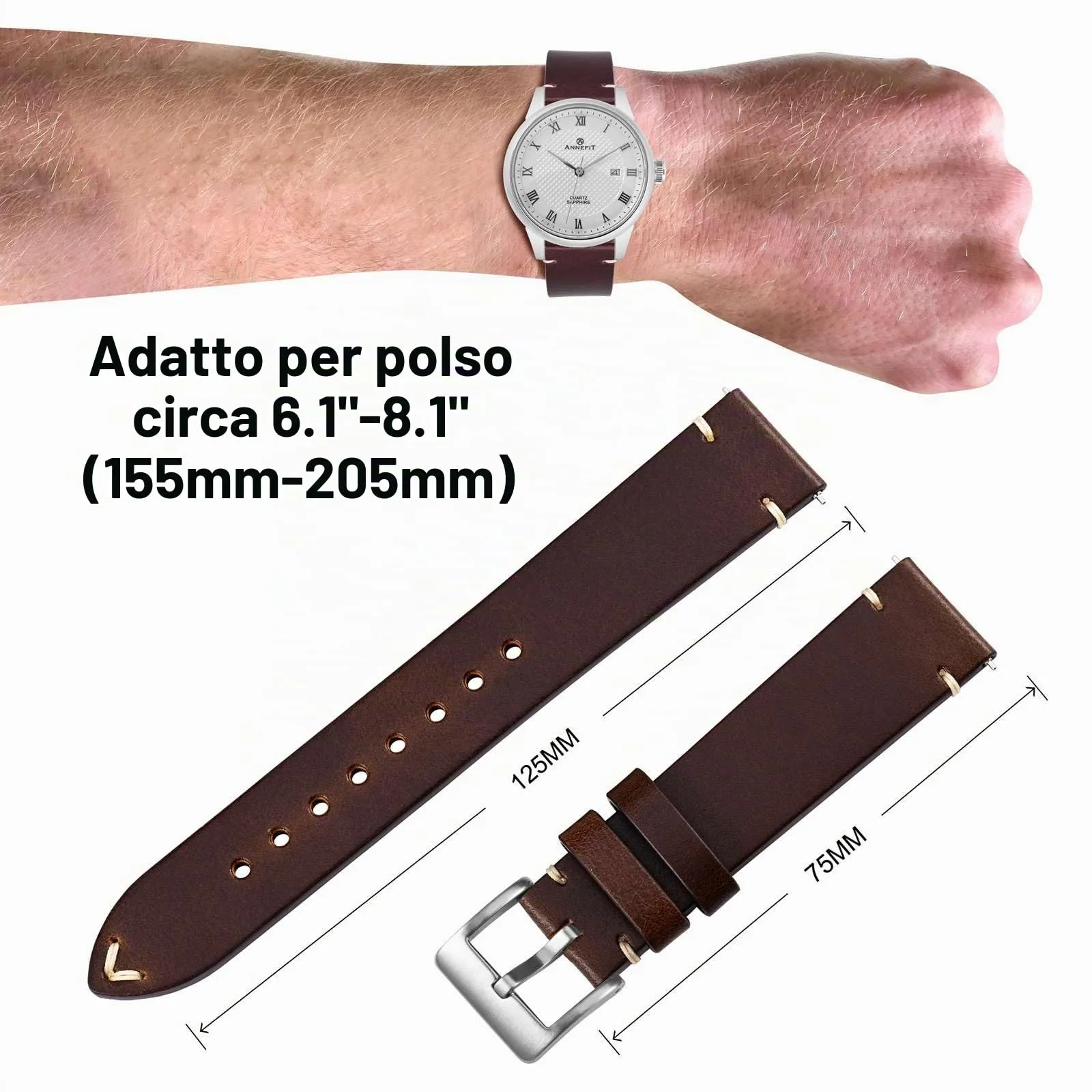 ANNEFIT Vintage Cinturino Orologio per Uomo Donna, Cinturini in Pelle Italiana, Sgancio Rapido, Larghezza della banda 22mm (Marrone Castagna) - immagine 4