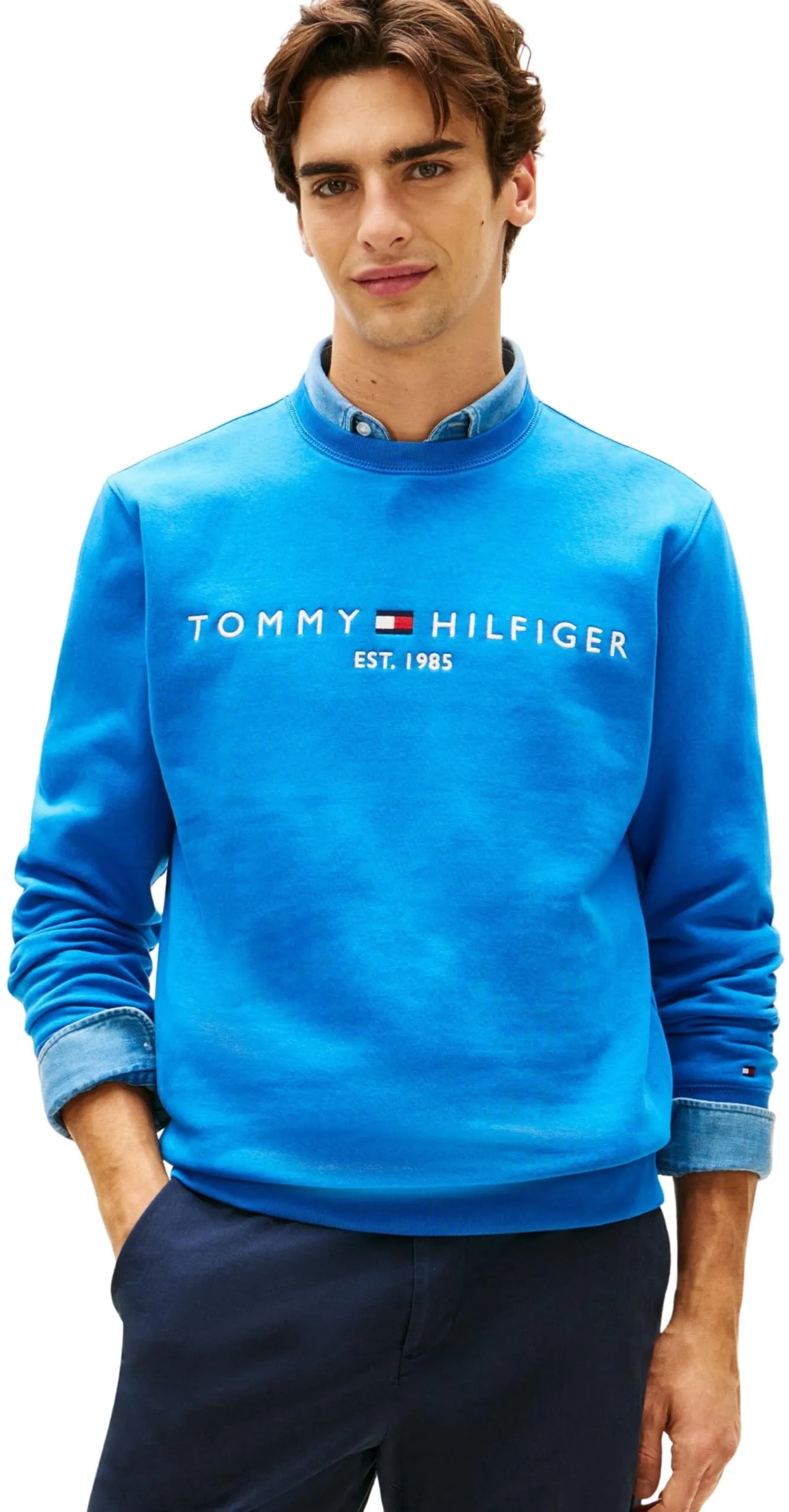 Tommy Hilfiger Uomo Felpa Logo Senza Cappuccio, Blu (Blue Orbit), L - immagine 1