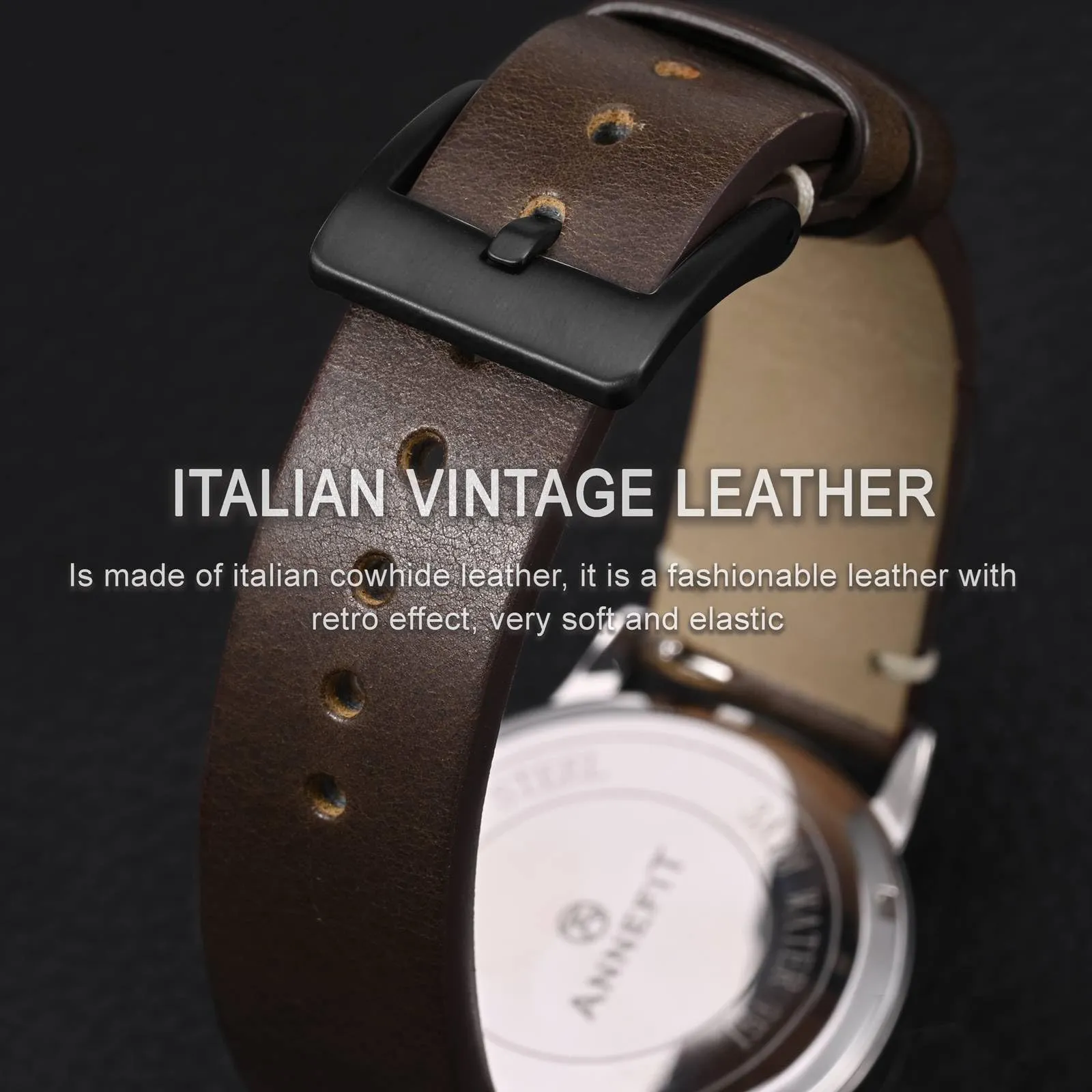 ANNEFIT Vintage Cinturino Orologio per Uomo Donna, Cinturini in Pelle Italiana, Sgancio Rapido e Fibbia Nera, Larghezza della banda 19mm (Marrone Scuro) - immagine 3