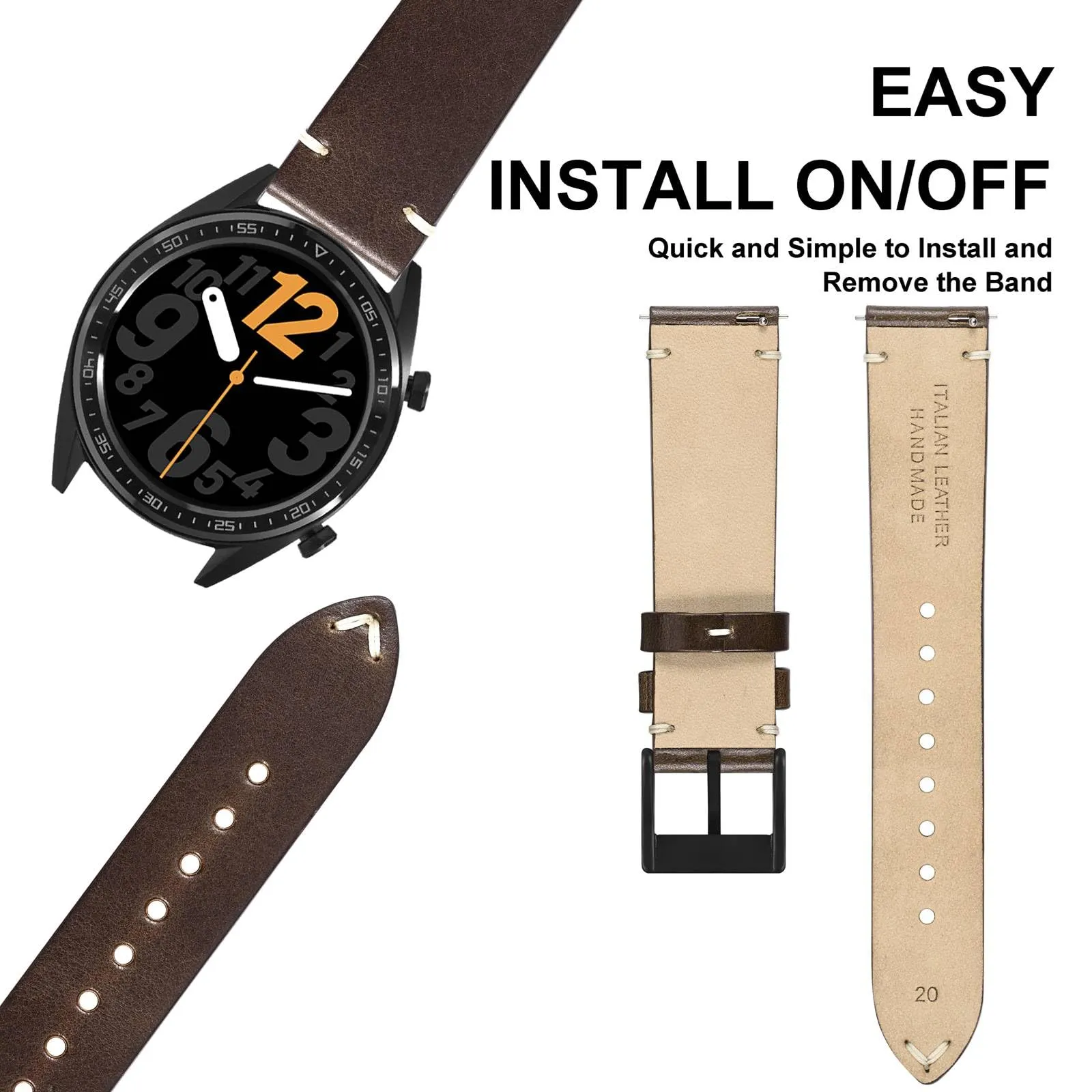 ANNEFIT Vintage Cinturino Orologio per Uomo Donna, Cinturini in Pelle Italiana, Sgancio Rapido e Fibbia Nera, Larghezza della banda 19mm (Marrone Scuro) - immagine 7