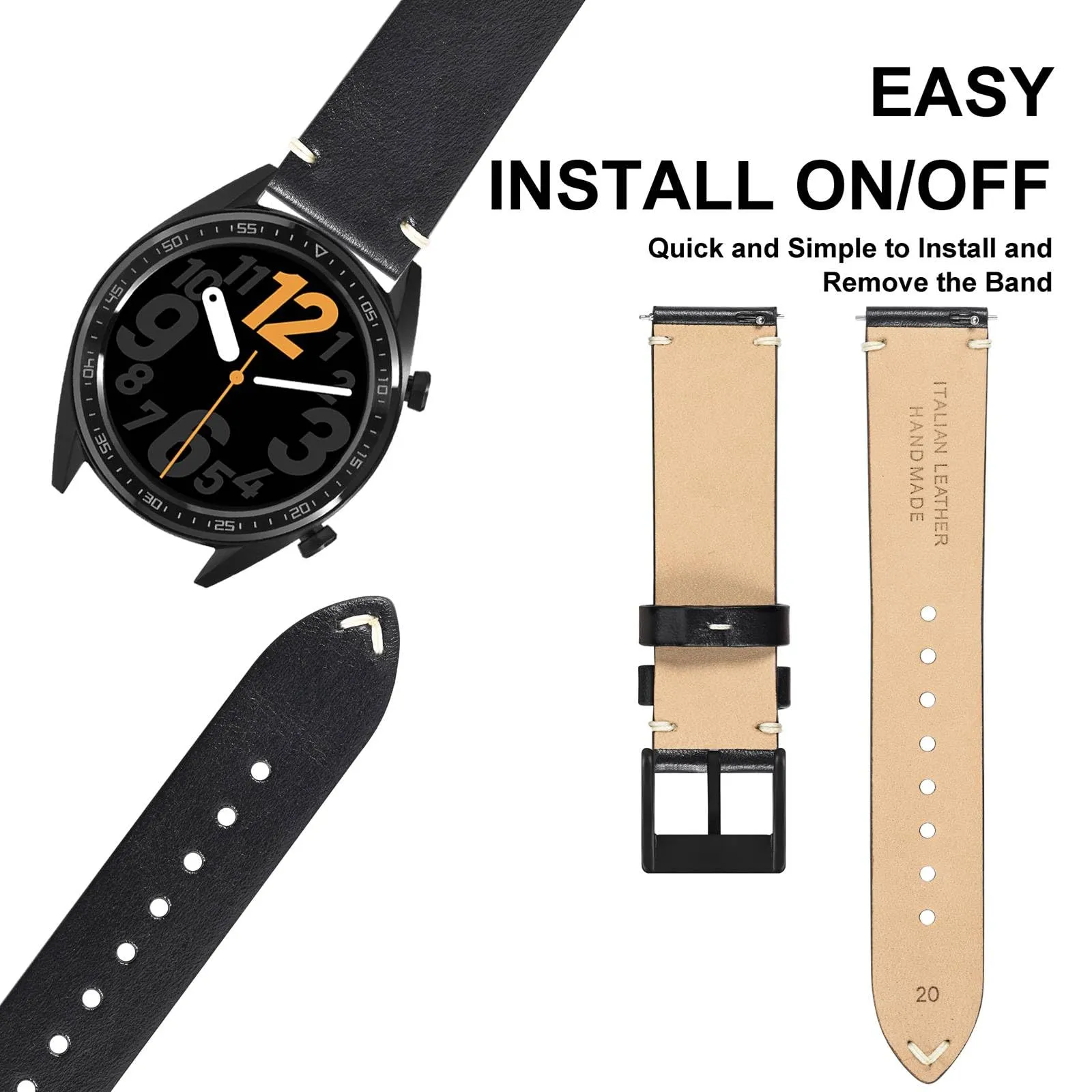 ANNEFIT Vintage Cinturino Orologio per Uomo Donna, Cinturini in Pelle Italiana, Sgancio Rapido e Fibbia Nera, Larghezza della banda 24mm (Nero) - immagine 7
