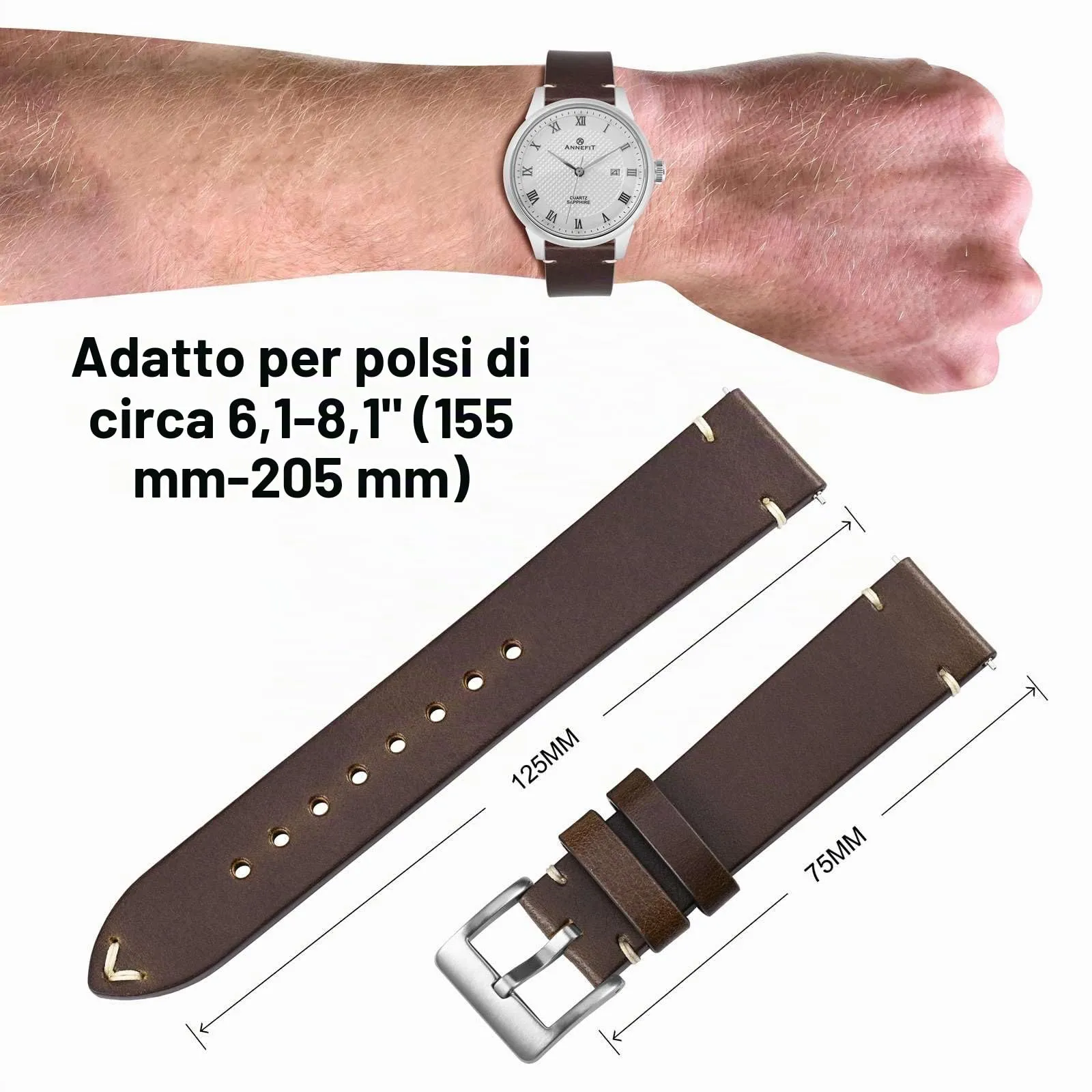 ANNEFIT Vintage Cinturino Orologio per Uomo Donna, Cinturini in Pelle Italiana, Sgancio Rapido, Larghezza della banda 24mm (Marrone Scuro) - immagine 4