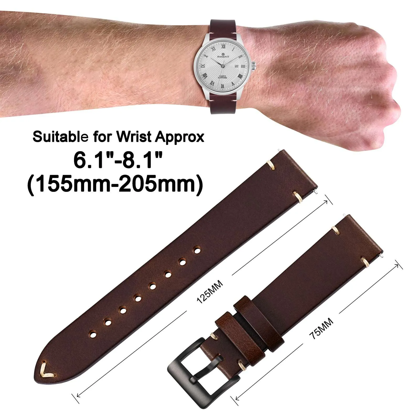 ANNEFIT Vintage Cinturino Orologio per Uomo Donna, Cinturini in Pelle Italiana, Sgancio Rapido e Fibbia Nera, Larghezza della banda 18mm (Marrone Castagna) - immagine 4