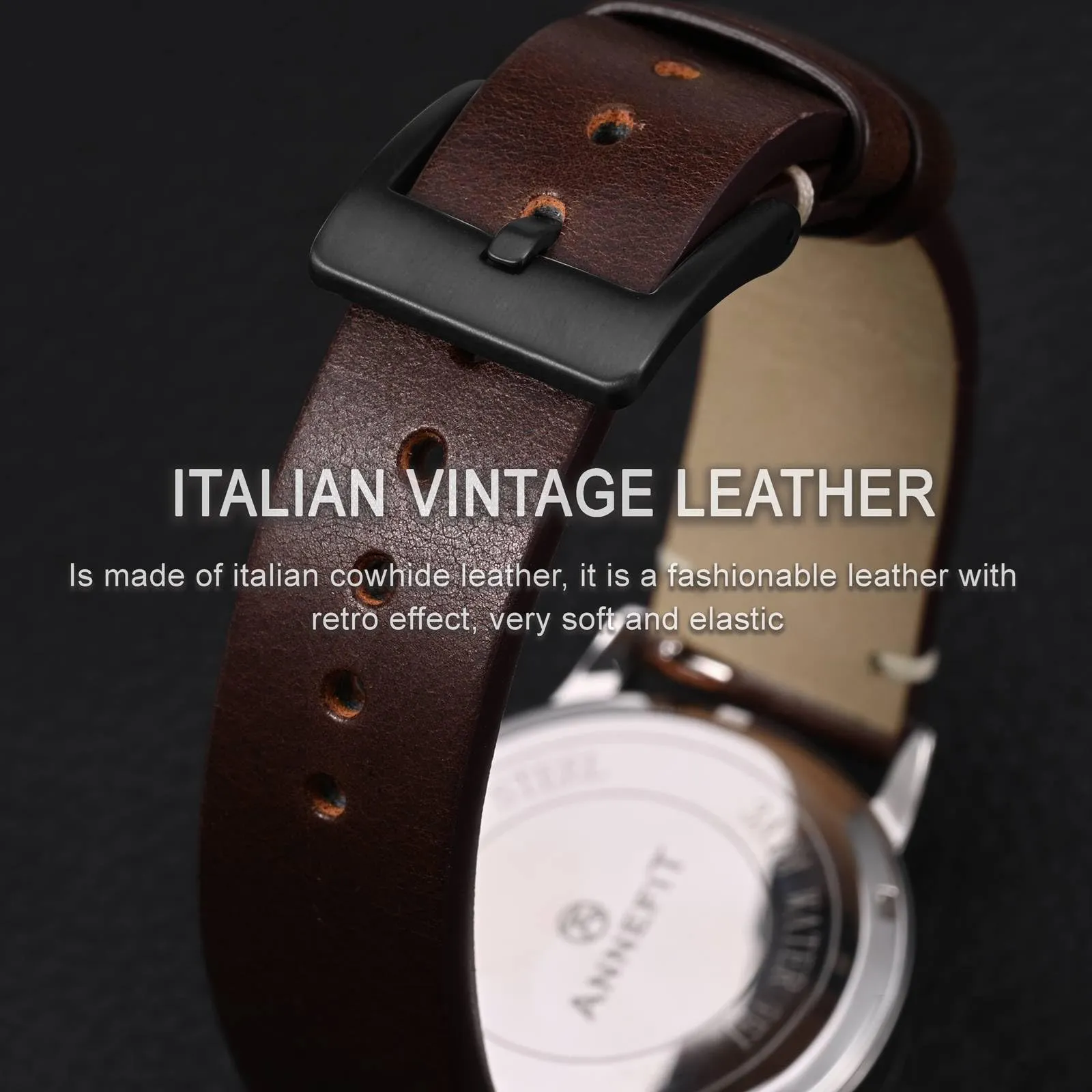 ANNEFIT Vintage Cinturino Orologio per Uomo Donna, Cinturini in Pelle Italiana, Sgancio Rapido e Fibbia Nera, Larghezza della banda 20mm (Marrone Castagna) - immagine 3