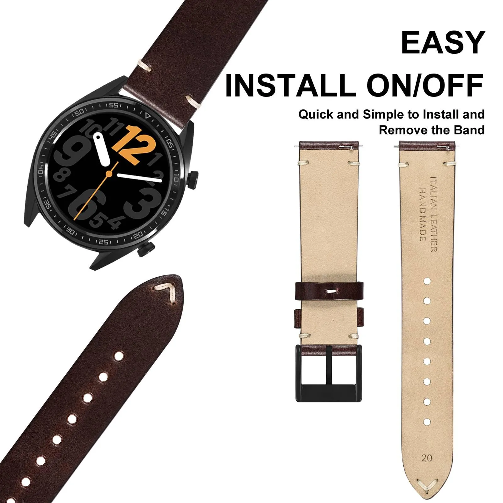 ANNEFIT Vintage Cinturino Orologio per Uomo Donna, Cinturini in Pelle Italiana, Sgancio Rapido e Fibbia Nera, Larghezza della banda 20mm (Marrone Castagna) - immagine 7