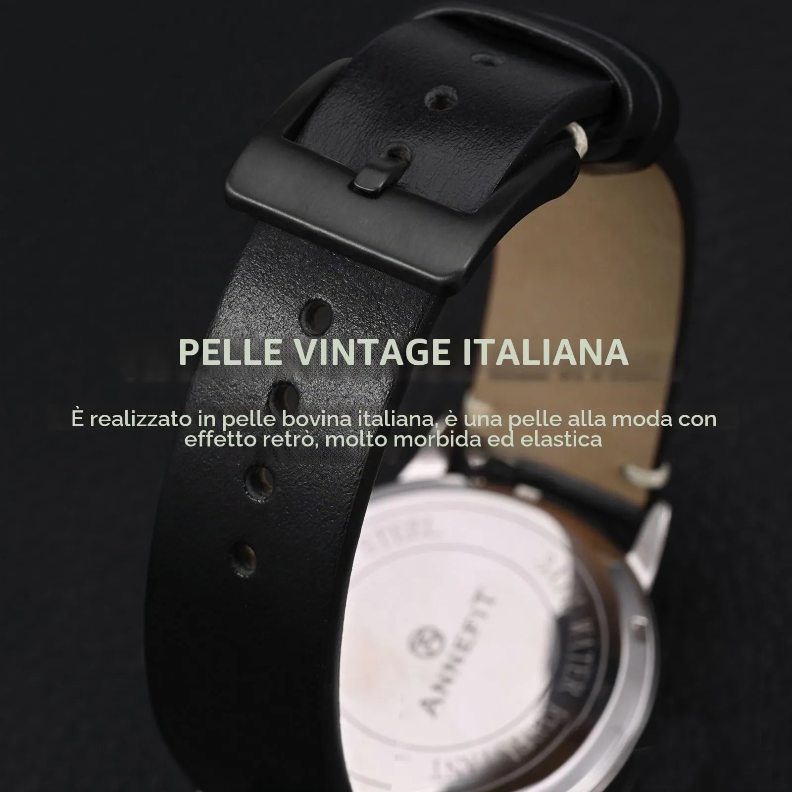 ANNEFIT Vintage Cinturino Orologio per Uomo Donna, Cinturini in Pelle Italiana, Sgancio Rapido, Larghezza della banda 19mm (Nero) - immagine 3