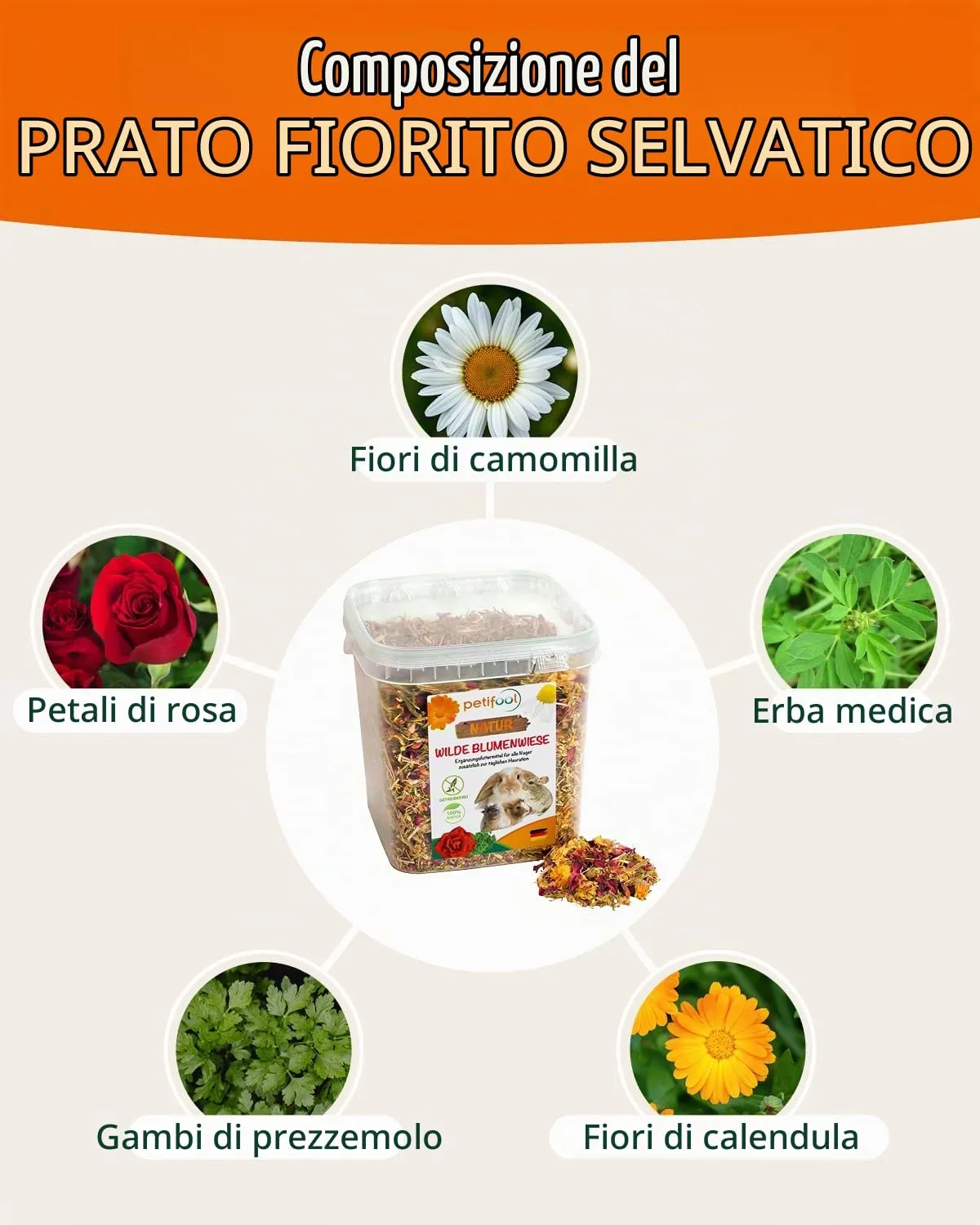 petifool - Integratore per cibo per roditori "Prato fiorito selvaggio", cibo per congili naturale e sano, confezione da 1 pezzo (1 x 600 g) - immagine 4