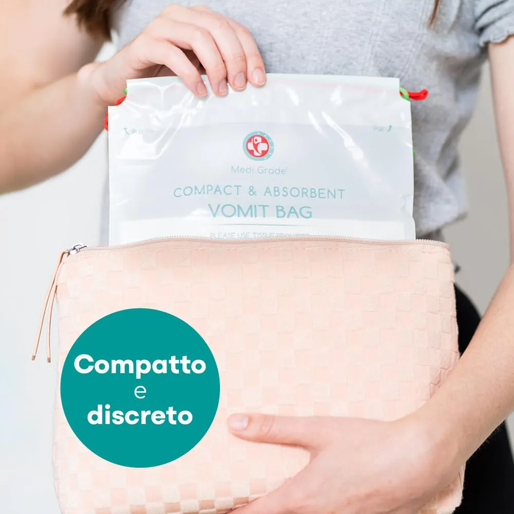 Sacchetti Vomito con tamponi super assorbenti + salviettine detergenti [22] – Buste per Vomito Zero Odori - Sigillabili, Trasformano il Vomito in Gel, Capienza fino a 750ml – Sacchetti Viaggio - immagine 9
