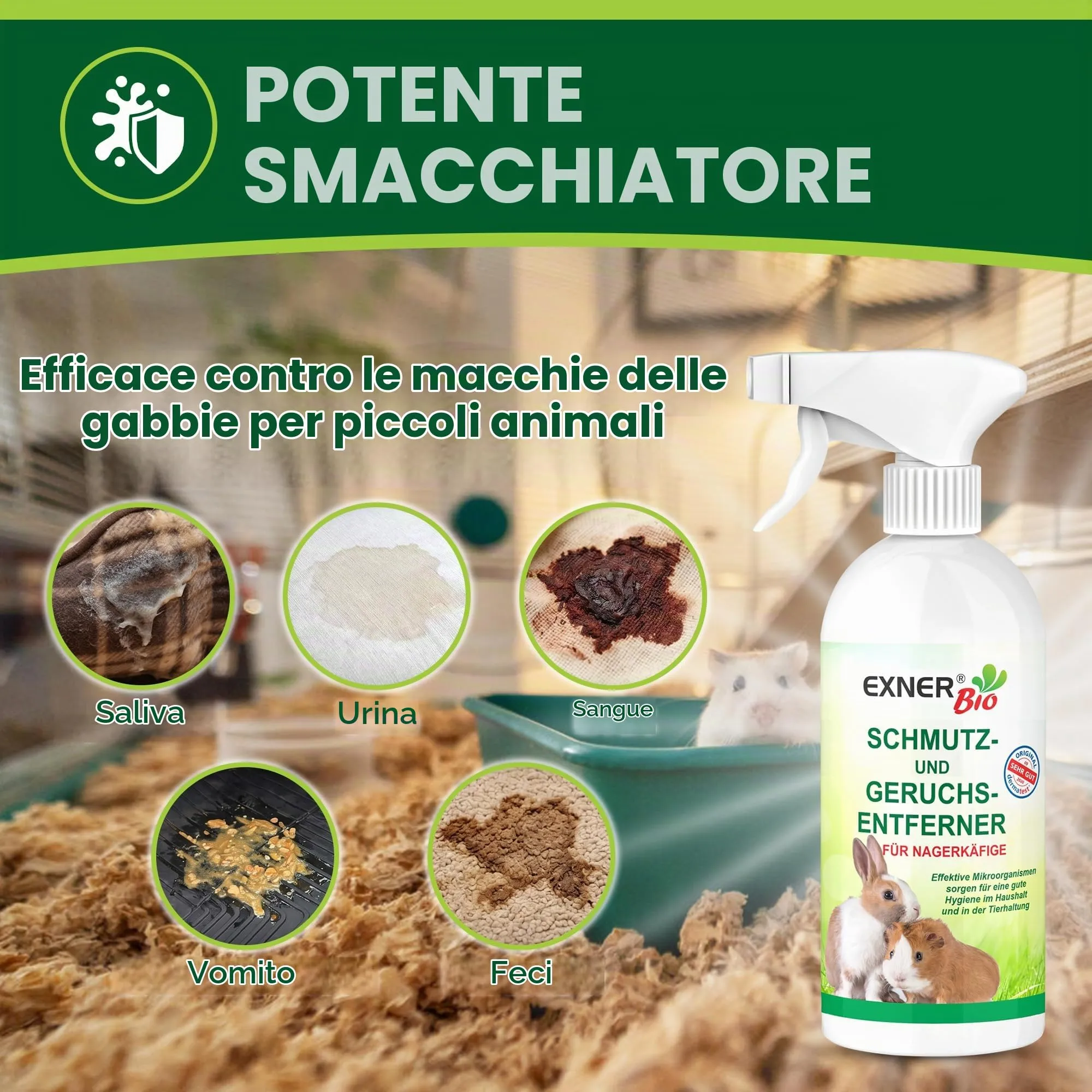 Exner Bio Detergente enzimatico per gabbie di roditori, eliminatore di odori e neutralizzatore di odori contro urina, feci e odori di animali, con microrganismi efficaci per una rimozione permanente - immagine 3