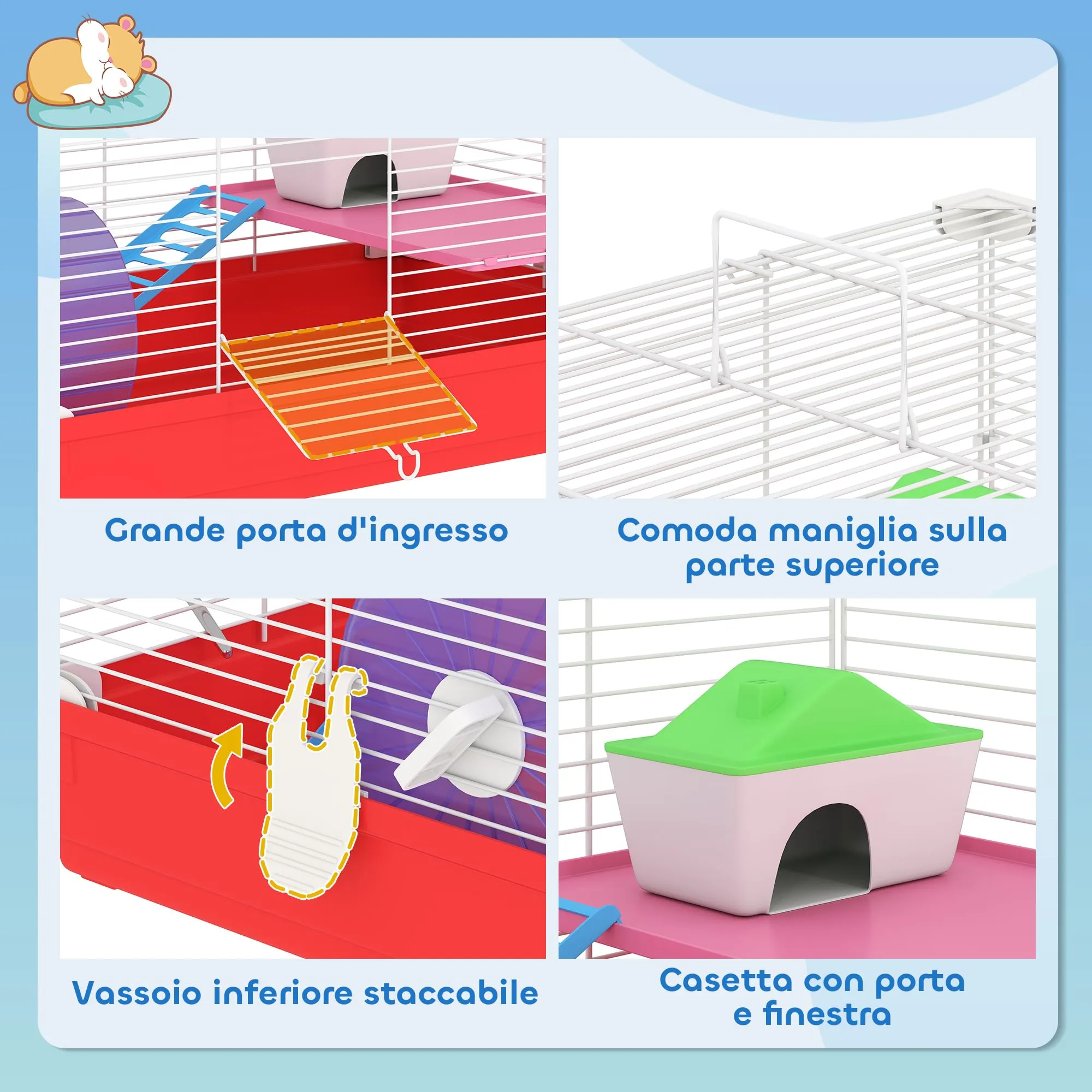 PawHut Gabbia per Criceti 2 Livelli Casetta 47x30x27 cm Rosso e Bianco - immagine 4