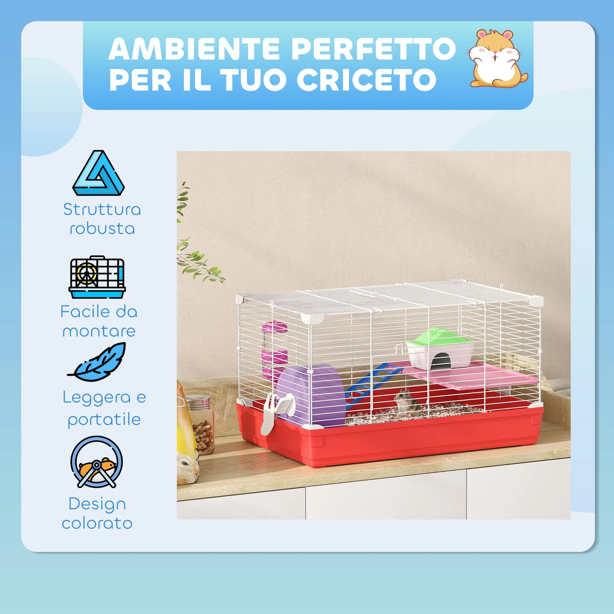 PawHut Gabbia per Criceti 2 Livelli Casetta 47x30x27 cm Rosso e Bianco - immagine 6