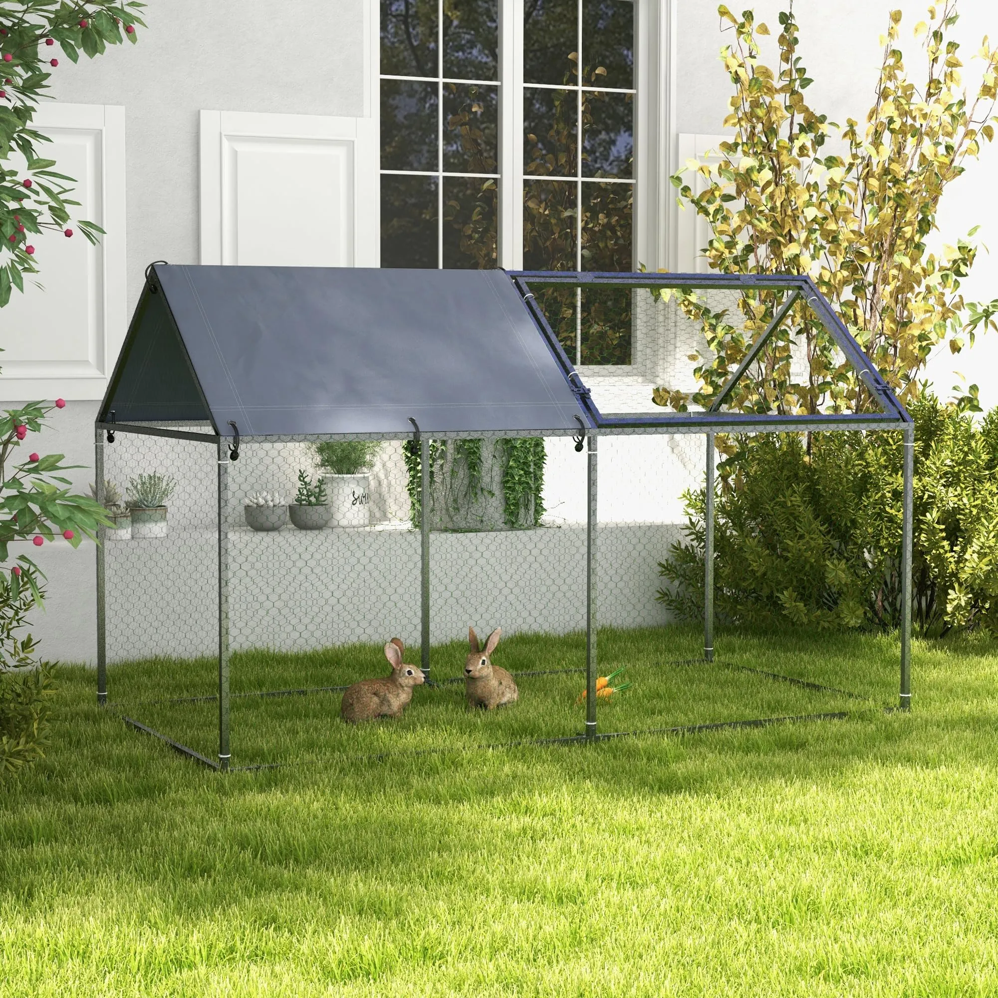 PawHut Gabbia per Animali Tetto in Oxford 198x100x120 cm Verde e Argento - immagine 2