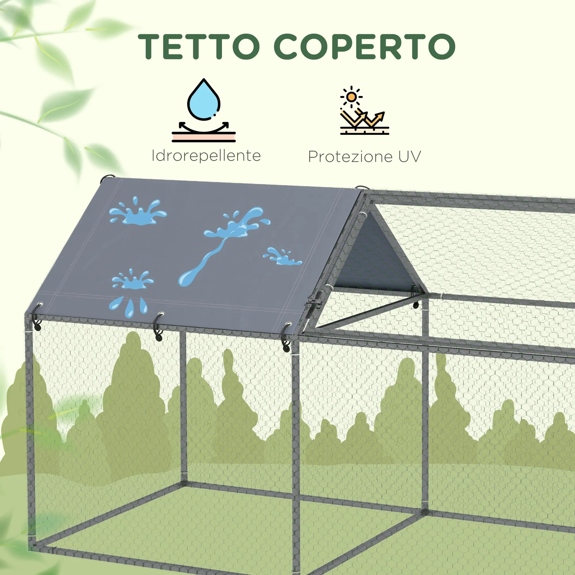 PawHut Gabbia per Animali Tetto in Oxford 198x100x120 cm Verde e Argento - immagine 3