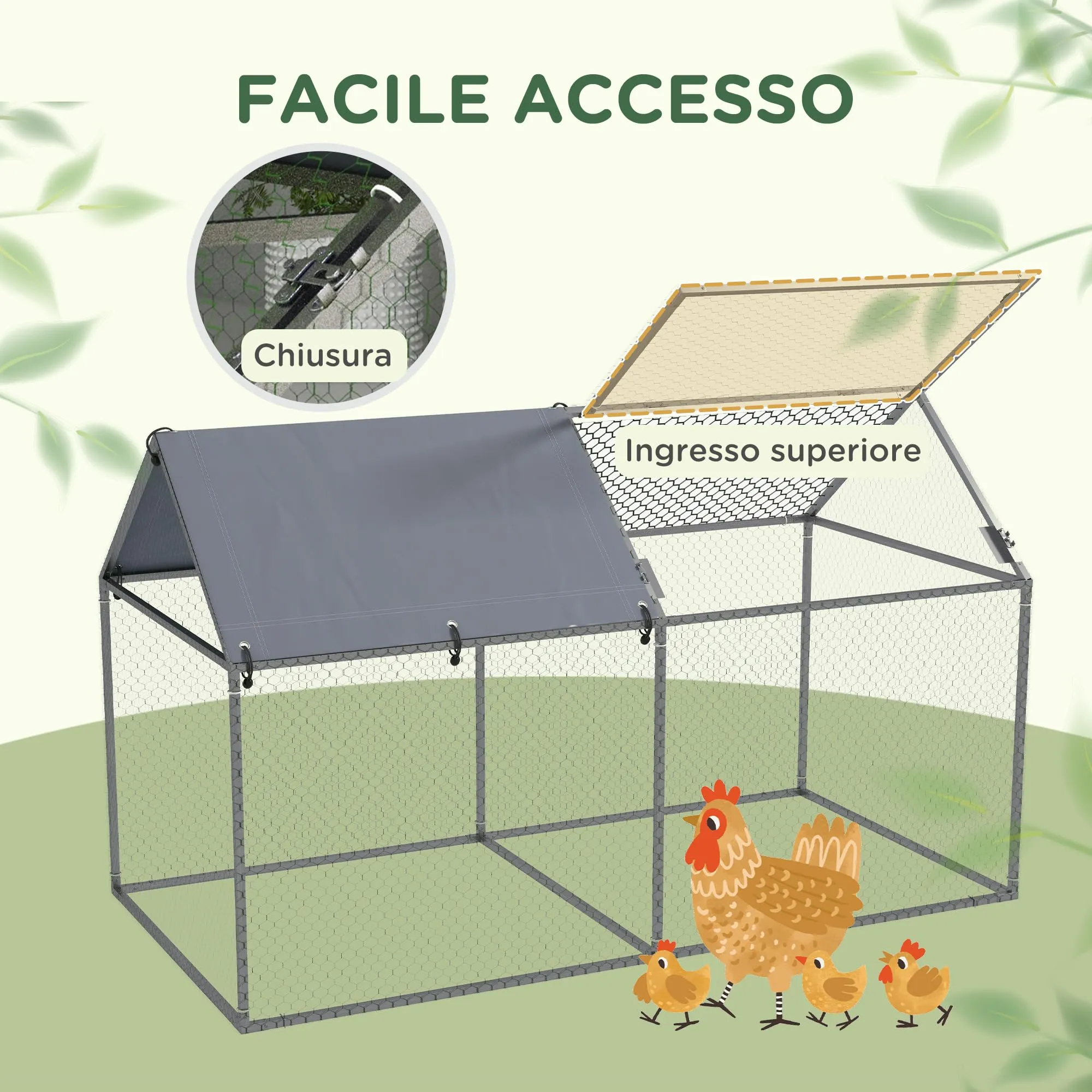 PawHut Gabbia per Animali Tetto in Oxford 198x100x120 cm Verde e Argento - immagine 4