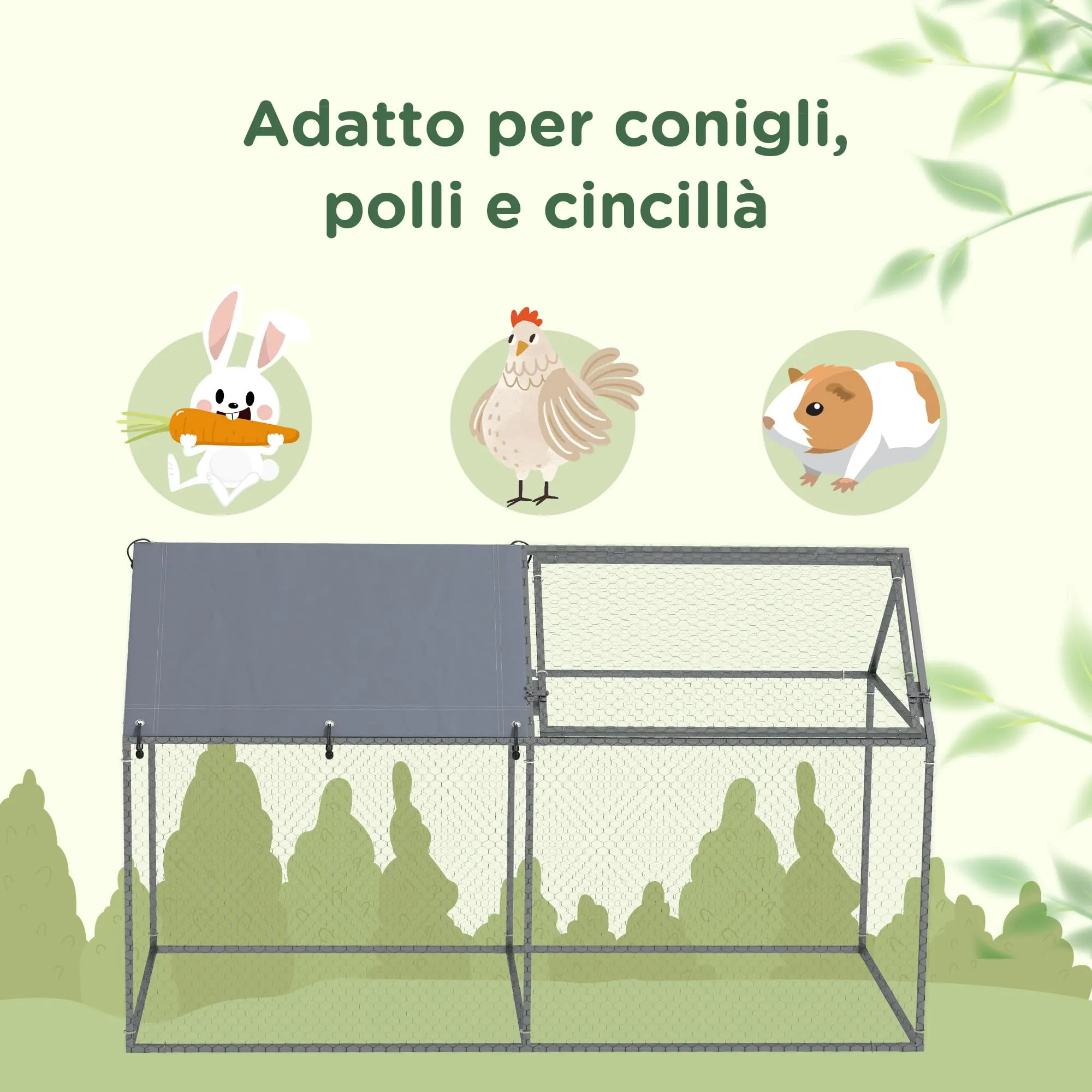 PawHut Gabbia per Animali Tetto in Oxford 198x100x120 cm Verde e Argento - immagine 6