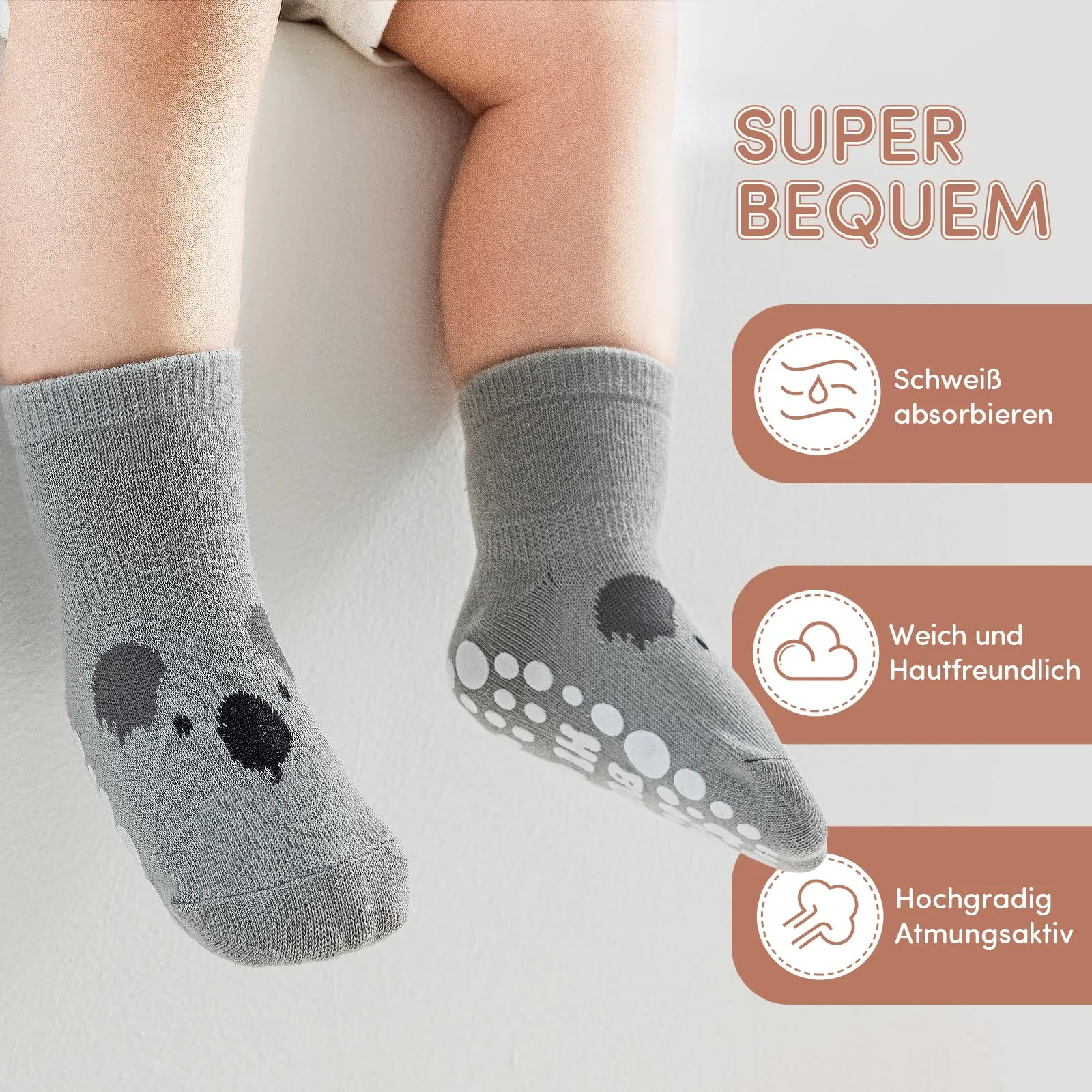 SockWaddles calzini antiscivolo bambino, 5 paia di calzini neonato in cotone traspirante con suola ABS, calze gattonanti per bambini e bambine con animali, 1-3 anni - immagine 4