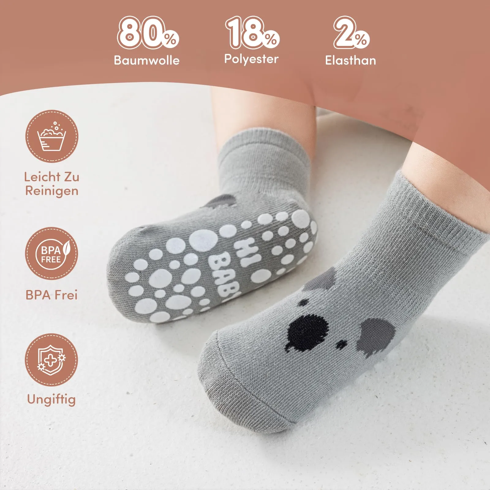 SockWaddles calzini antiscivolo bambino, 5 paia di calzini neonato in cotone traspirante con suola ABS, calze gattonanti per bambini e bambine con animali, 1-3 anni - immagine 5
