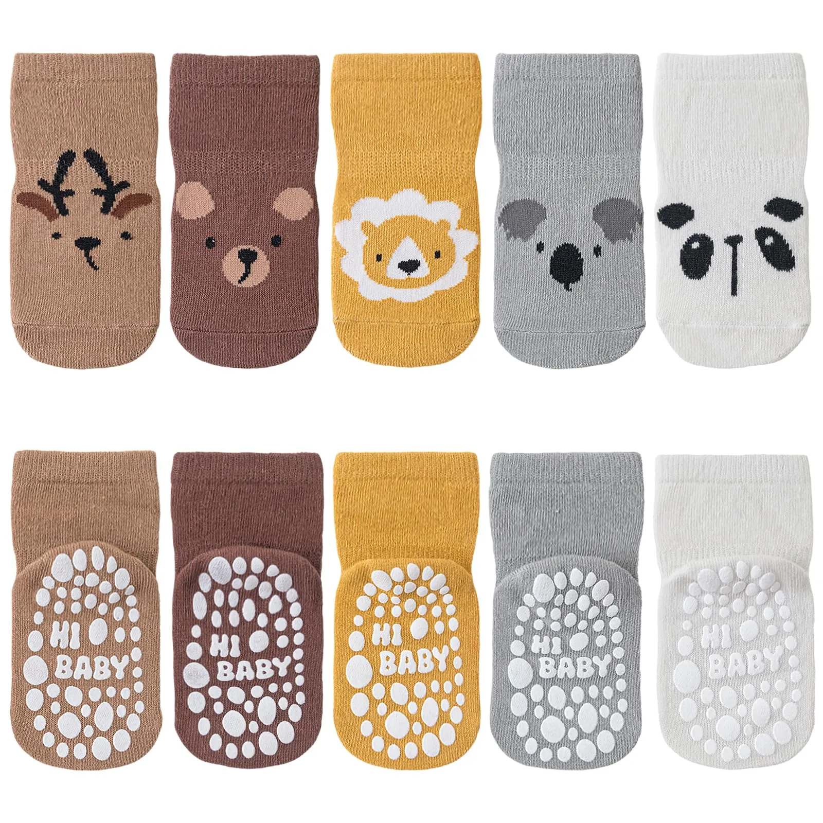 SockWaddles calzini antiscivolo bambino, 5 paia di calzini neonato in cotone traspirante con suola ABS, calze gattonanti per bambini e bambine con animali, 0-12 mesi - immagine 1