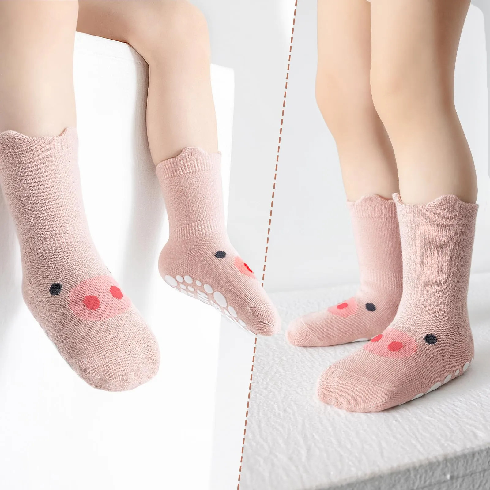SockWaddles calzini antiscivolo bambino, 5 paia di calzini neonato in cotone traspirante con suola ABS, calze gattonanti per bambini e bambine con animali, 0-12 mesi - immagine 2