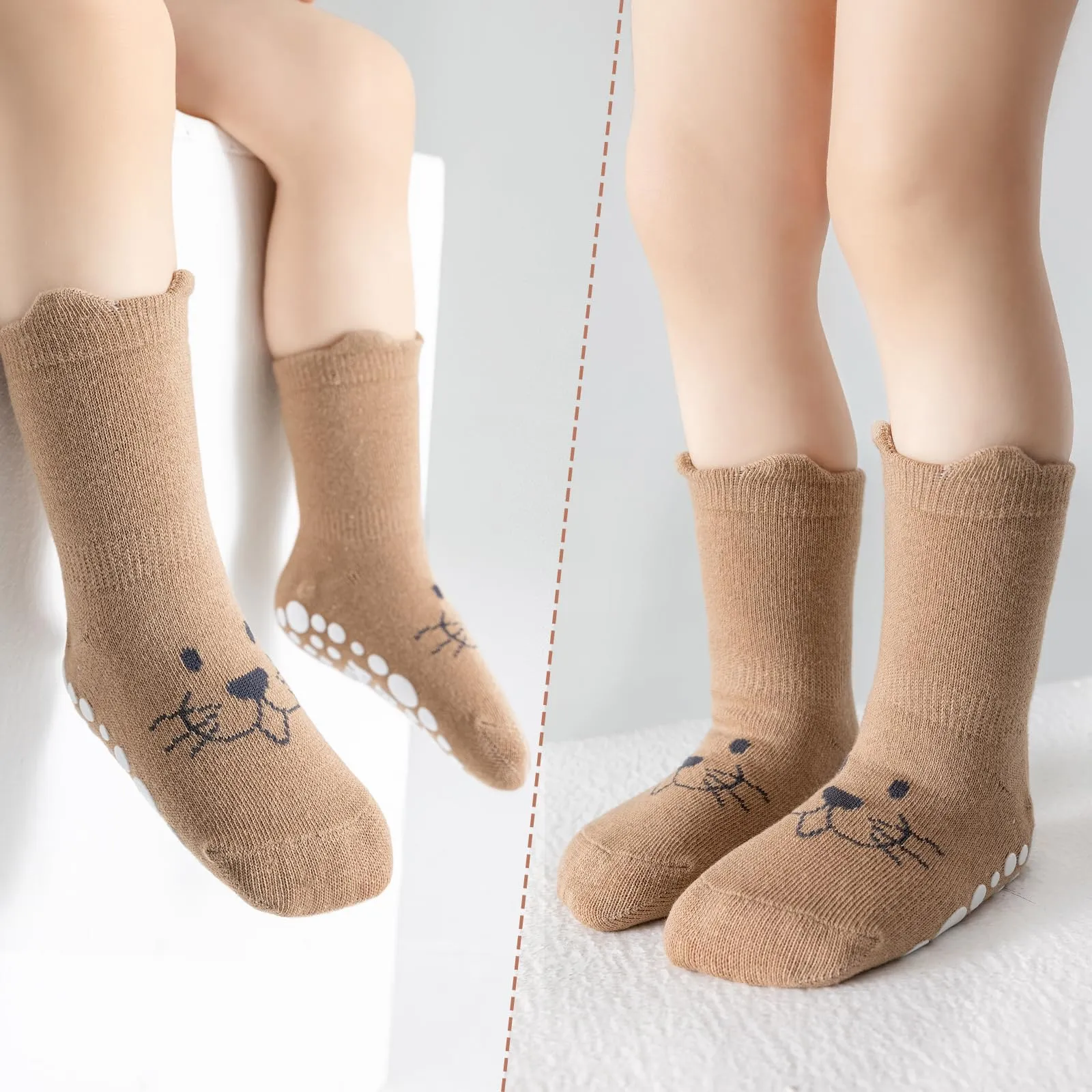 SockWaddles calzini antiscivolo bambino, 5 paia di calzini neonato in cotone traspirante con suola ABS, calze gattonanti per bambini e bambine con animali, 0-12 mesi - immagine 2