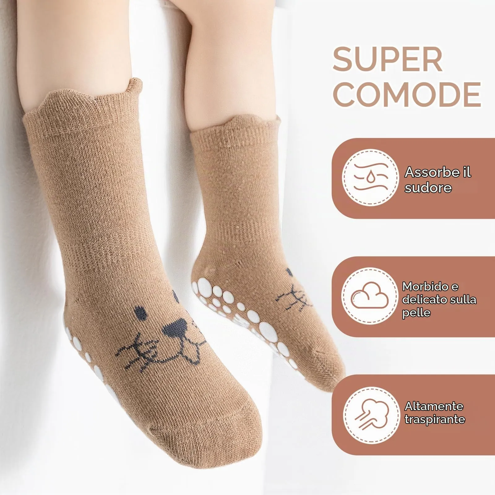 SockWaddles calzini antiscivolo bambino, 5 paia di calzini neonato in cotone traspirante con suola ABS, calze gattonanti per bambini e bambine con animali, 0-12 mesi - immagine 4