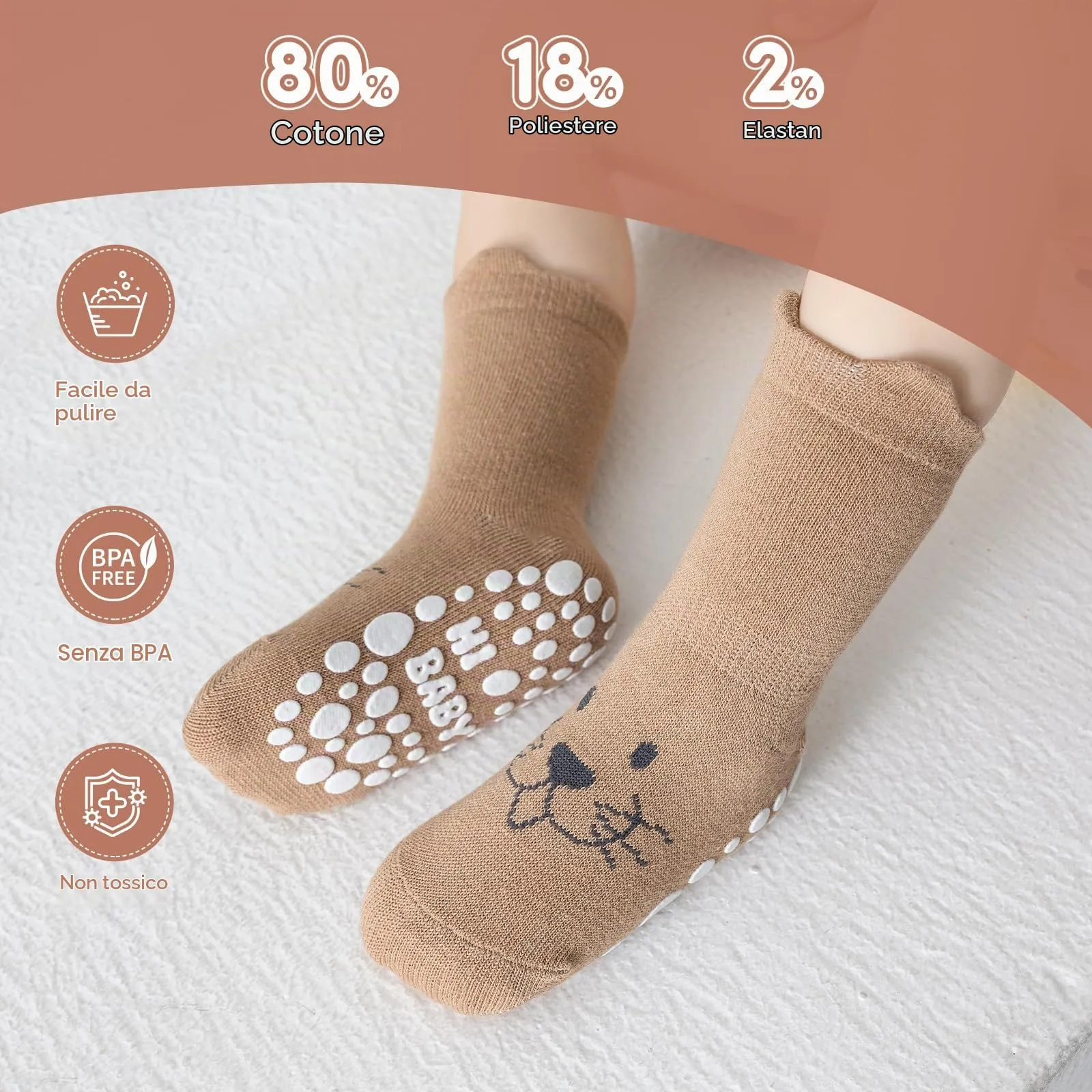 SockWaddles calzini antiscivolo bambino, 5 paia di calzini neonato in cotone traspirante con suola ABS, calze gattonanti per bambini e bambine con animali, 0-12 mesi - immagine 5