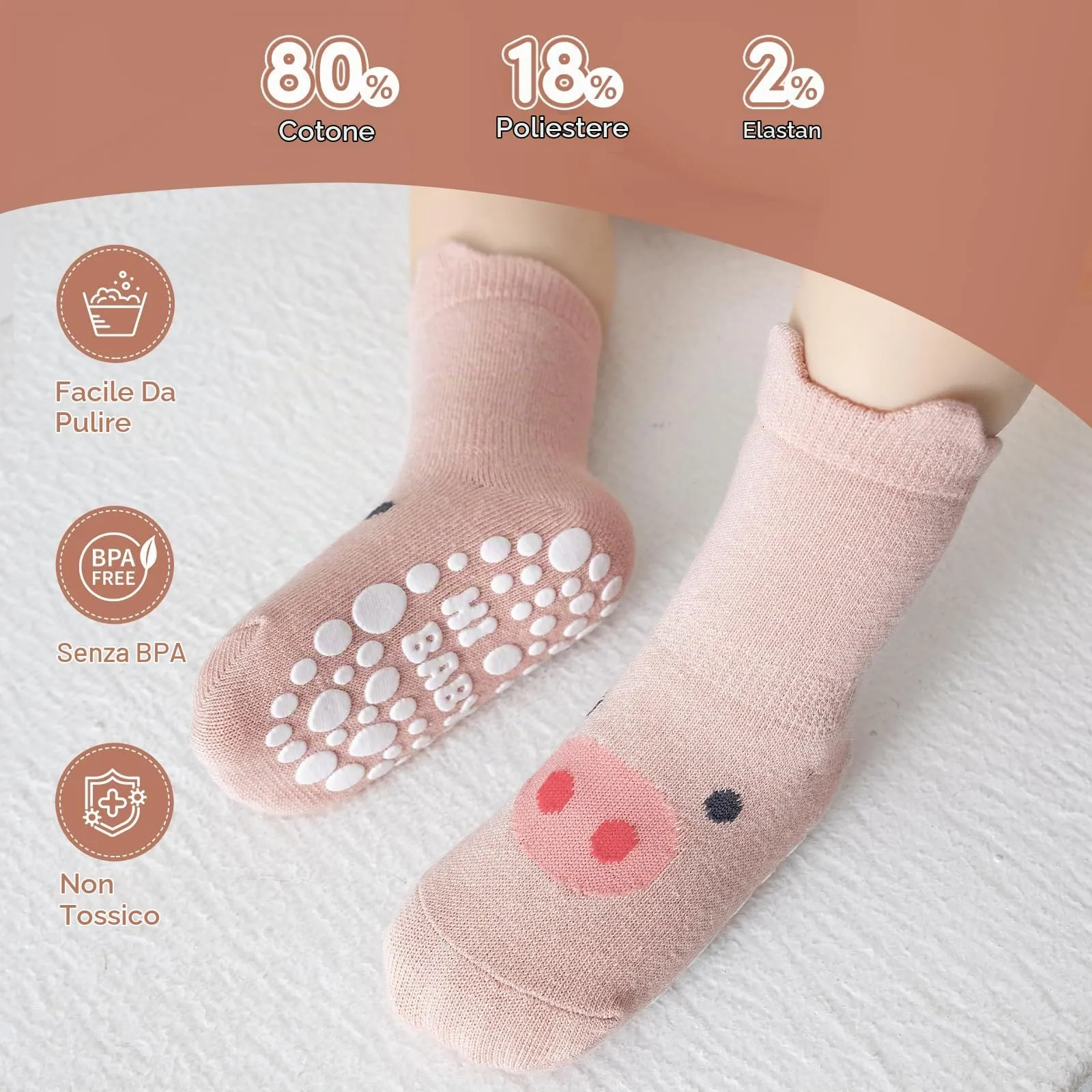 SockWaddles calzini antiscivolo bambino, 5 paia di calzini neonato in cotone traspirante con suola ABS, calze gattonanti per bambini e bambine con animali, 1-3 anni - immagine 5