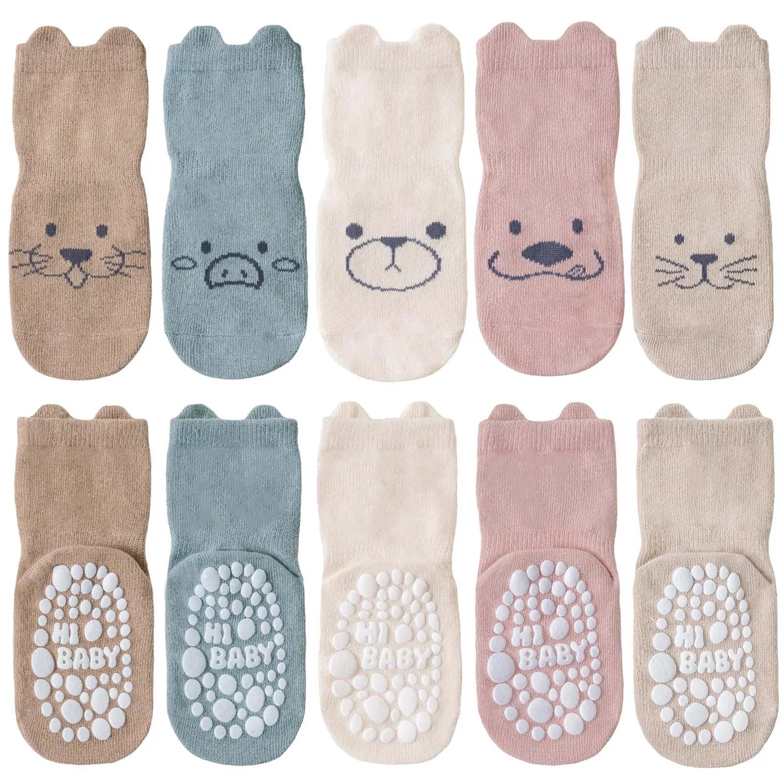 SockWaddles calzini antiscivolo bambino, 5 paia di calzini neonato in cotone traspirante con suola ABS, calze gattonanti per bambini e bambine con animali, 1-3 anni - immagine 1