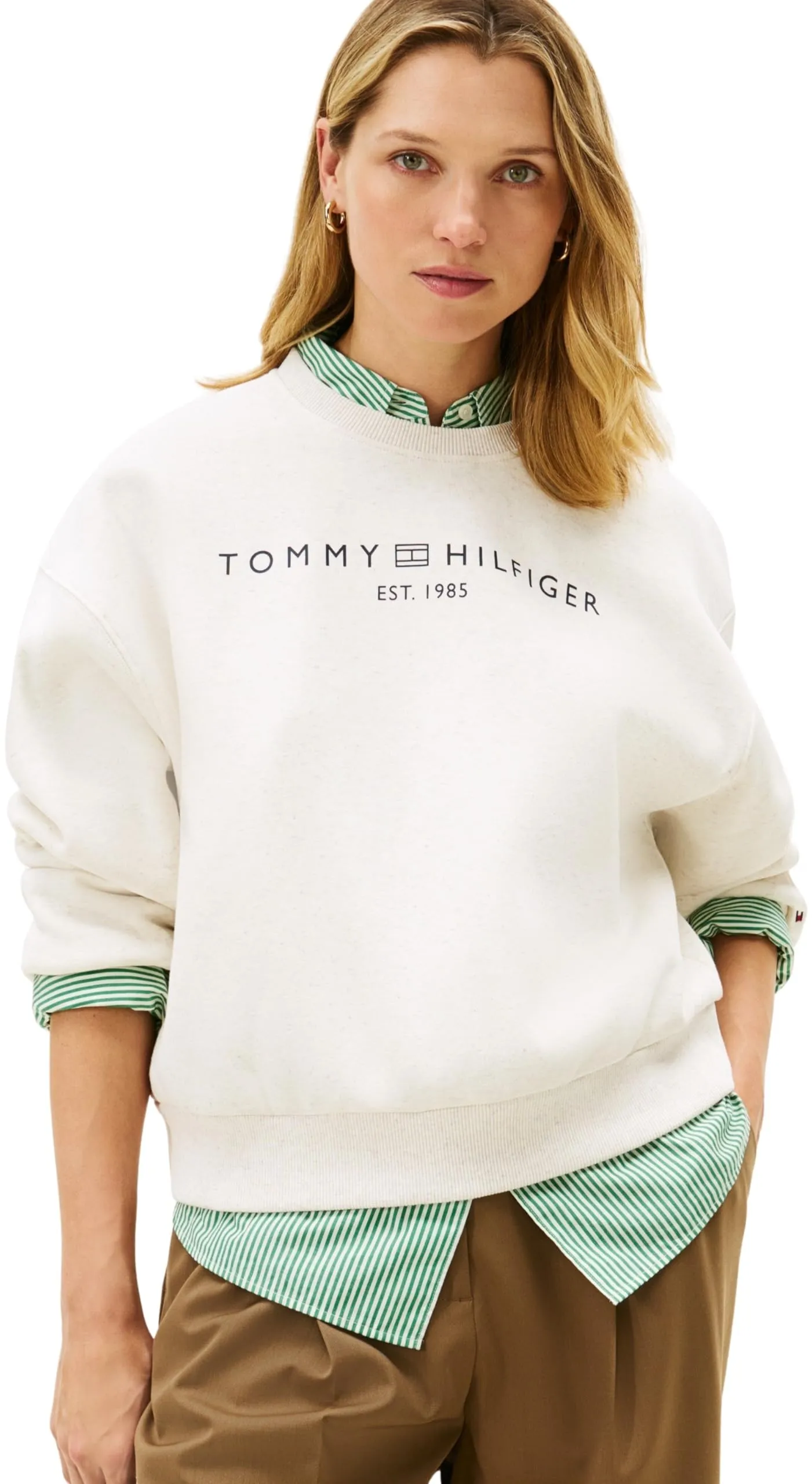 Tommy Hilfiger Donna Felpa Corp Logo Relaxed Fit, Bianco (Ecru Heather), S - immagine 1