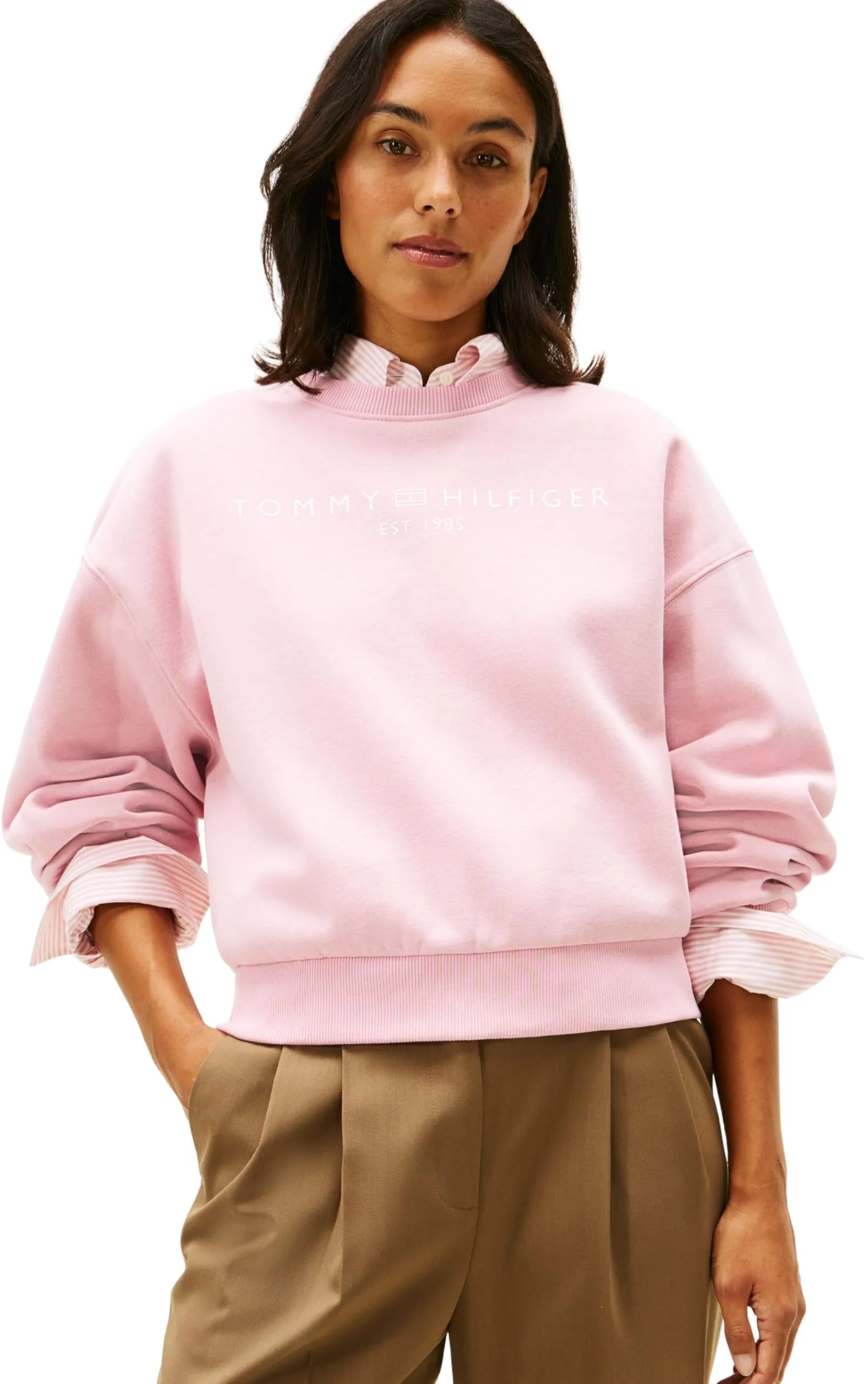 Tommy Hilfiger Donna Felpa Corp Logo Relaxed Fit, Nero (Bonita Pink), XL - immagine 1