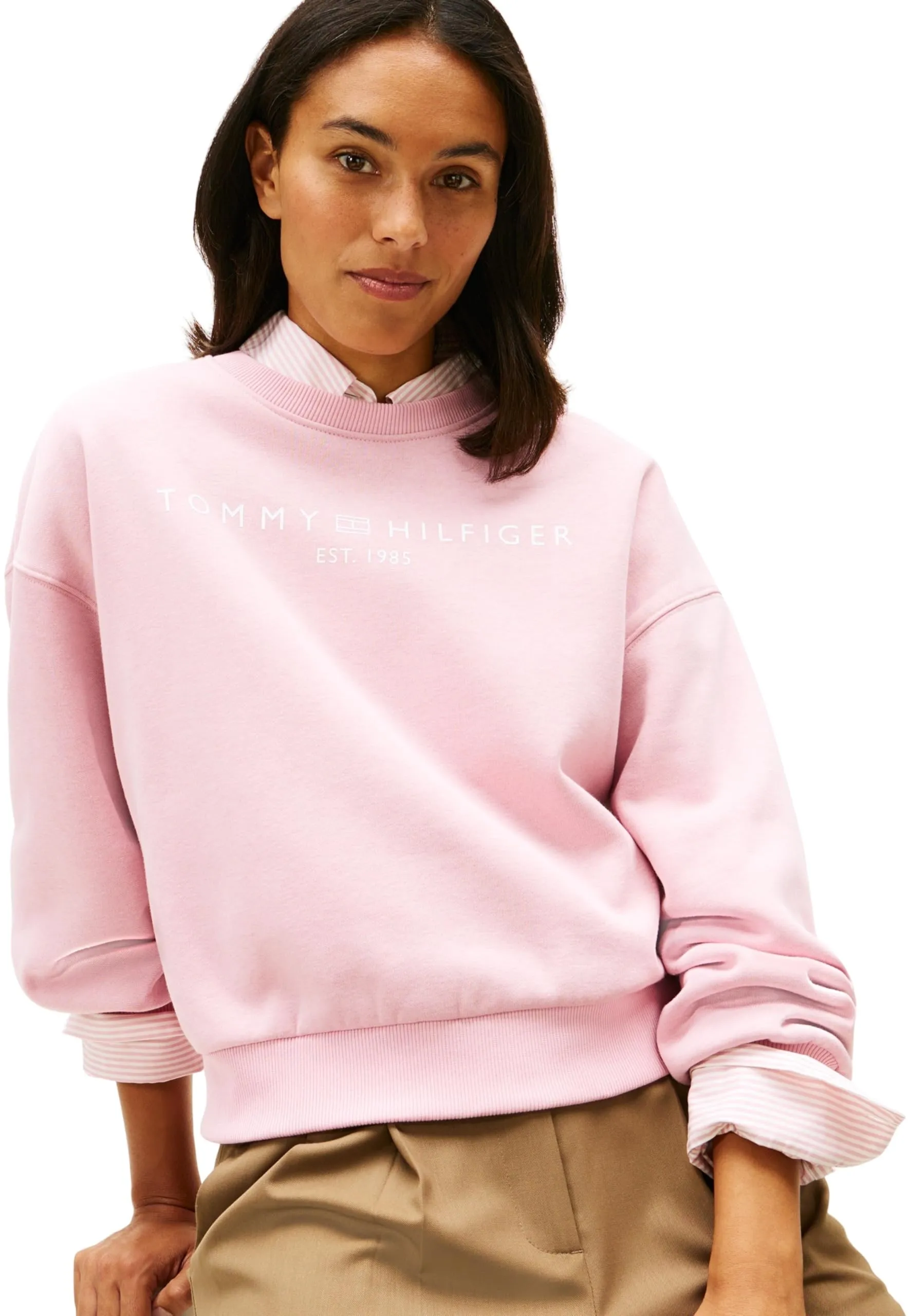 Tommy Hilfiger Donna Felpa Corp Logo Relaxed Fit, Nero (Bonita Pink), S - immagine 4