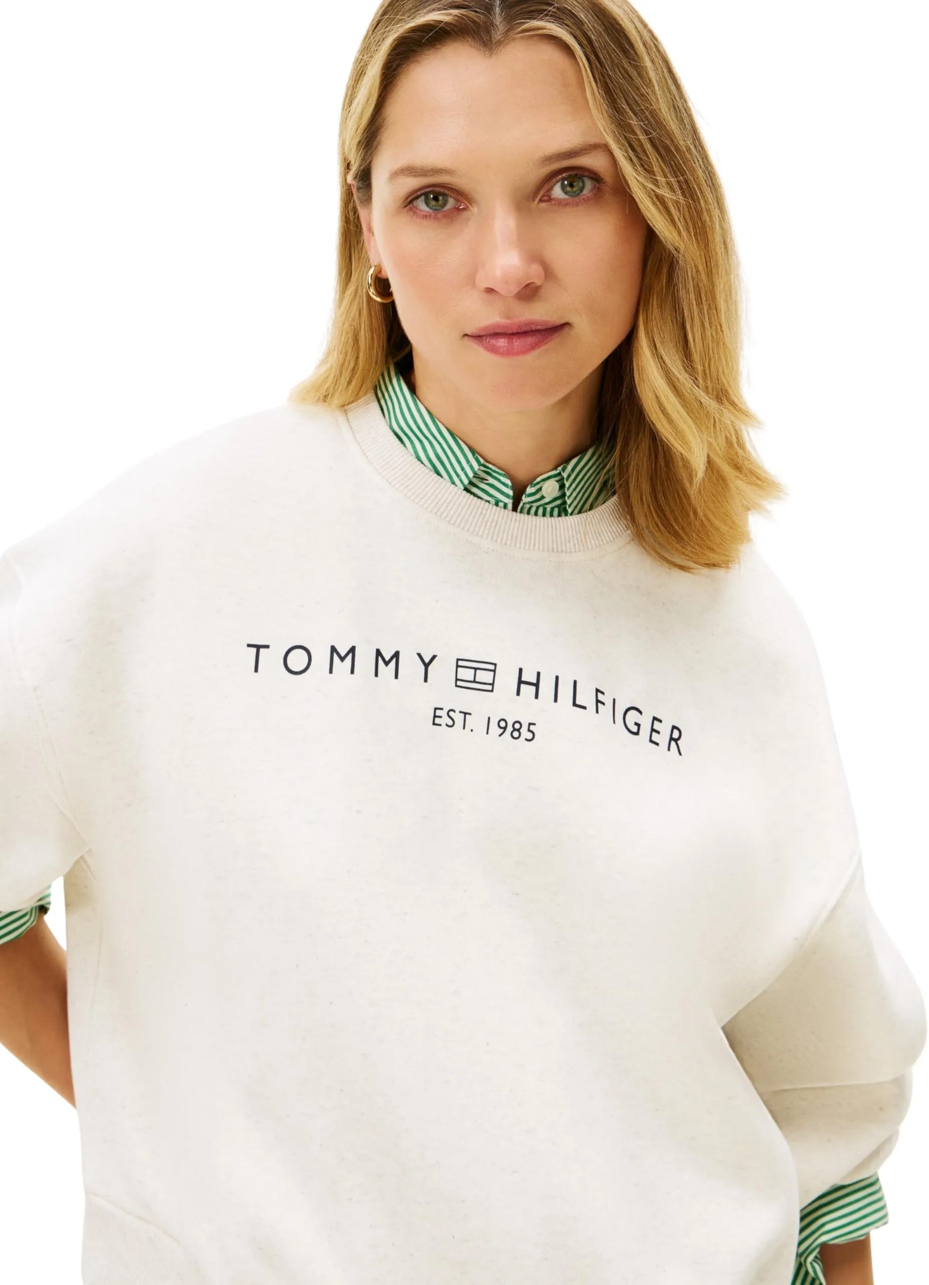 Tommy Hilfiger Donna Felpa Corp Logo Relaxed Fit, Bianco (Ecru Heather), XS - immagine 4