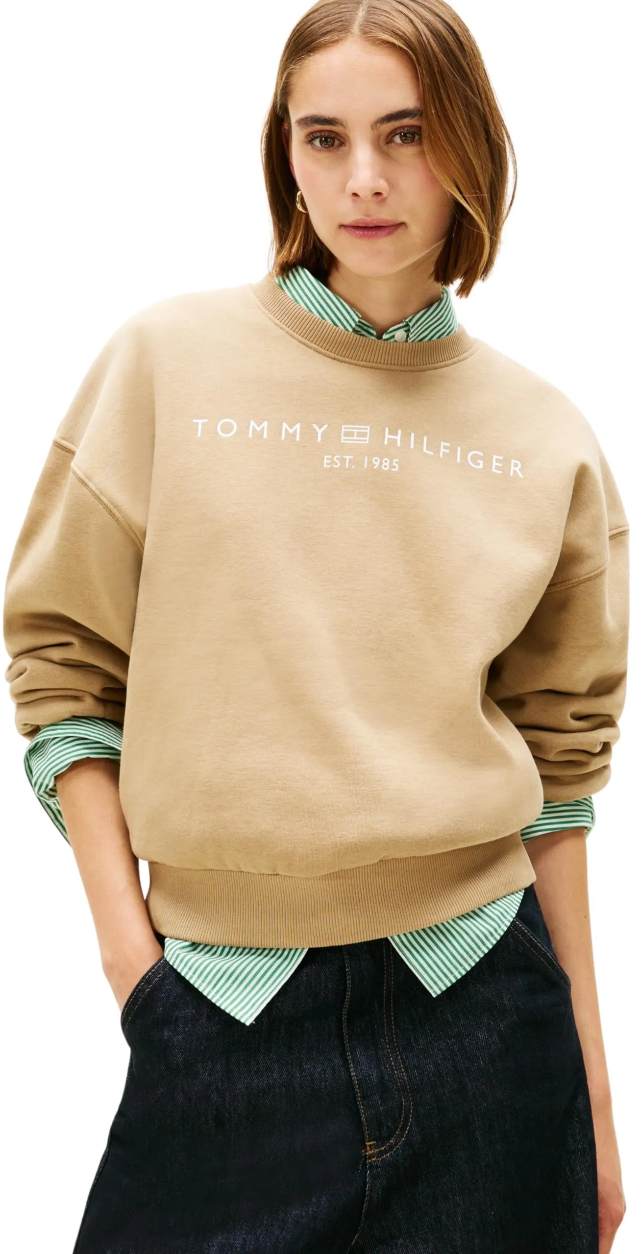 Tommy Hilfiger Donna Felpa Corp Logo Relaxed Fit, Blu (Driftwood Taupe), M - immagine 1