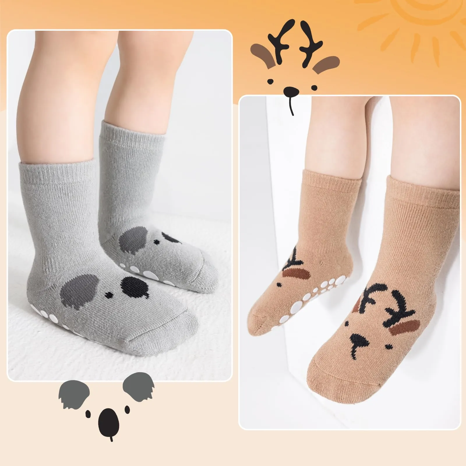 SockWaddles calzini antiscivolo bambino, 5 paia calze termiche bambino con animali carini. Calzini termici bambino invernali per bimbi 3-5 anni. - immagine 2
