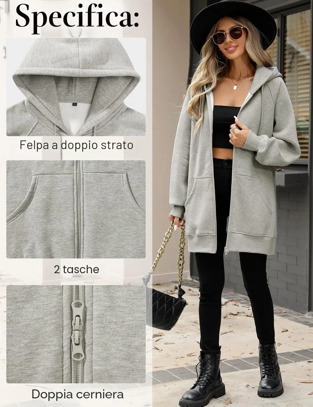 CMTOP Felpa Donna con Zip Lunga in Pile Casual Cotone Felpa con Cappuccio a Manica Lunga, Tinta Unita Classica Basic Felpe, Autunno Primavera Hoodie Sweatshirt con Tasche(Grigio Chiaro,XL) - immagine 3