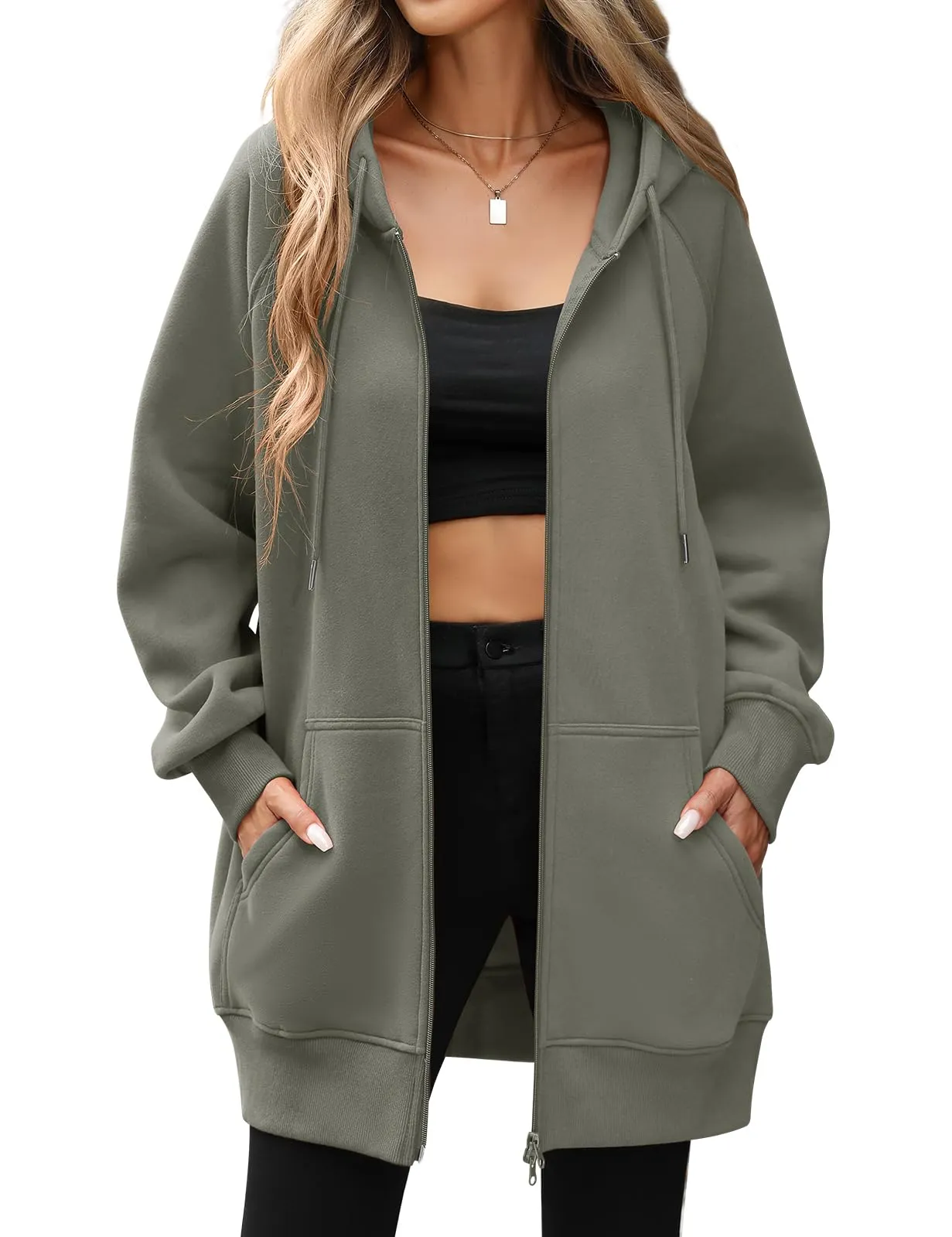 CMTOP Felpa Donna con Zip Lunga in Pile Casual Cotone Felpa con Cappuccio a Manica Lunga, Tinta Unita Classica Basic Felpe, Autunno Primavera Hoodie Sweatshirt con Tasche(Grigio Scuro,S) - immagine 1